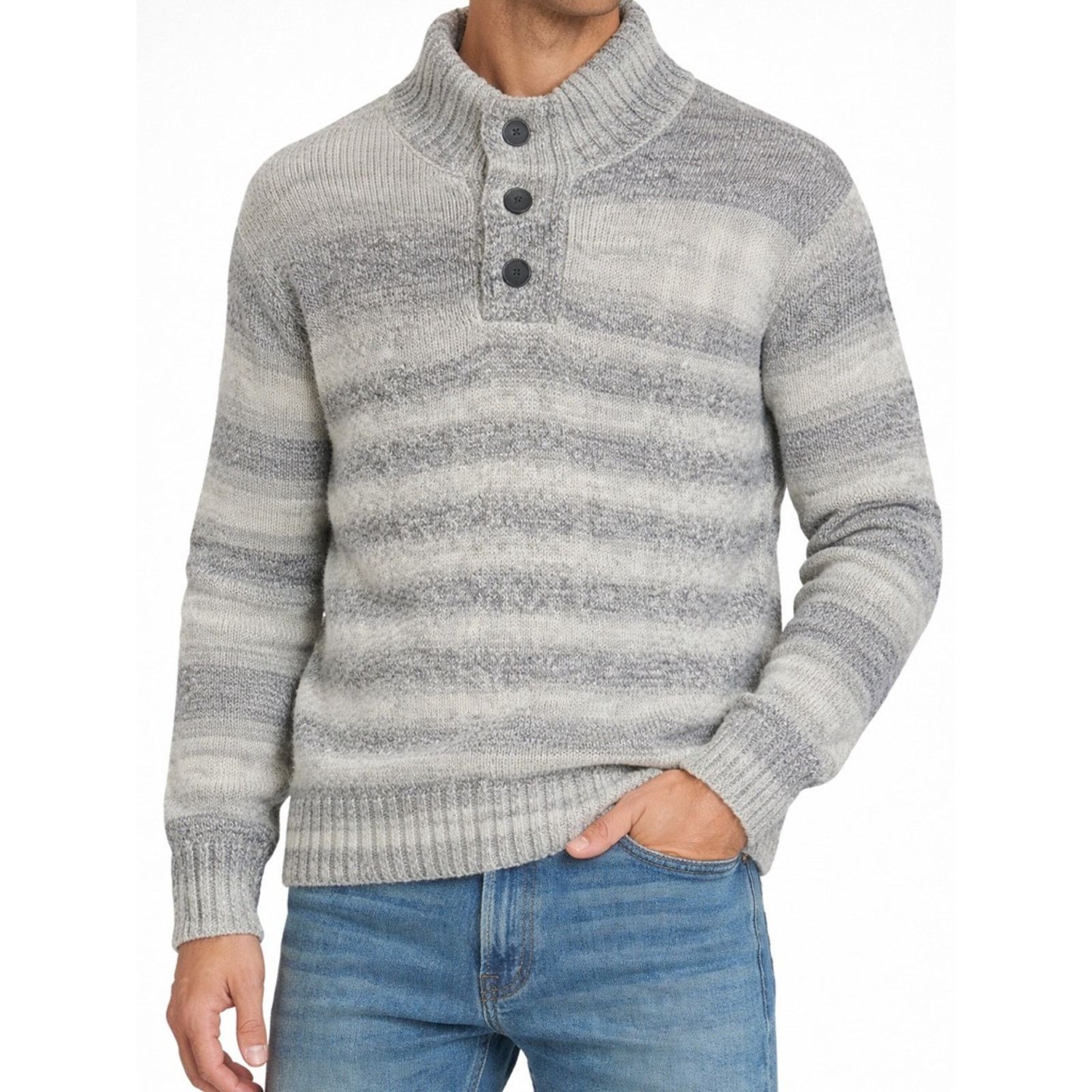Amongst Friends Men's Grey Striped Turtleneck Button Sweater Size US M / EU 48-50 / 2 - 1 Thumbnail