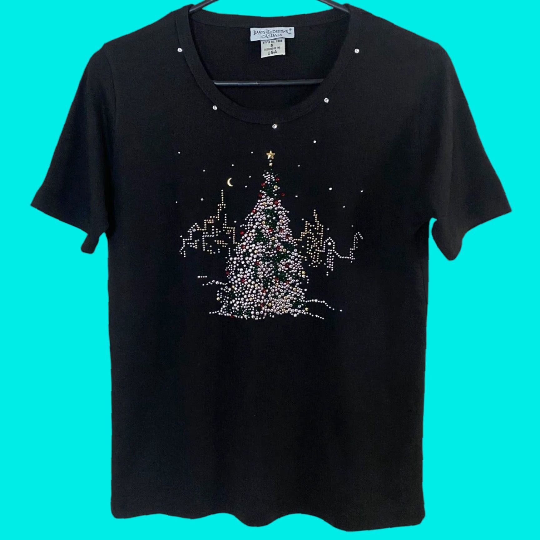 4SDESIGNS VINTAGE Isaac's Designs Bedazzled Rhinestone Embellished Christmas T-Shirt Women's Small Size S / US 4 / IT 40 - 1 Thumbnail