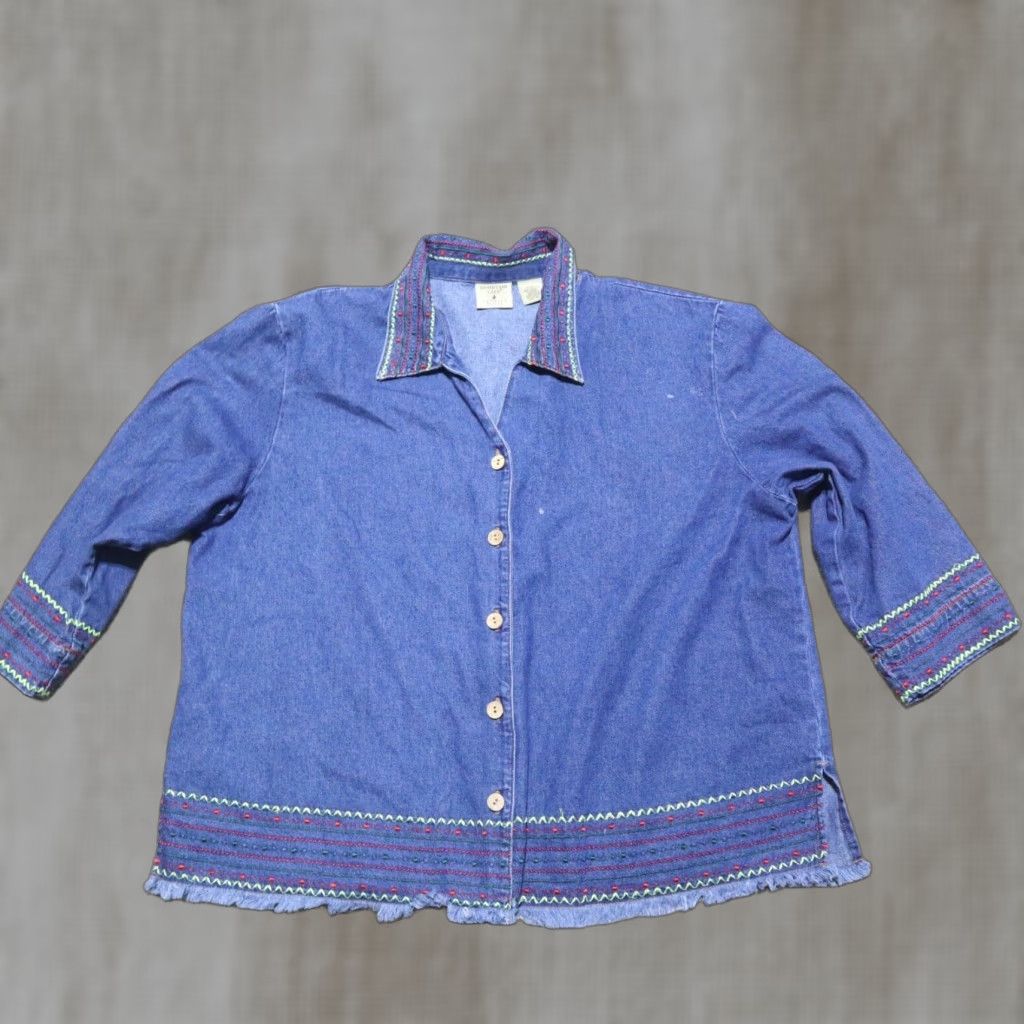 Denime Mountain Lake Shirt Woman’s PXL Extra Large Denim Embroidered Button Up Size XL / US 12-14 / IT 48-50 - 1 Thumbnail