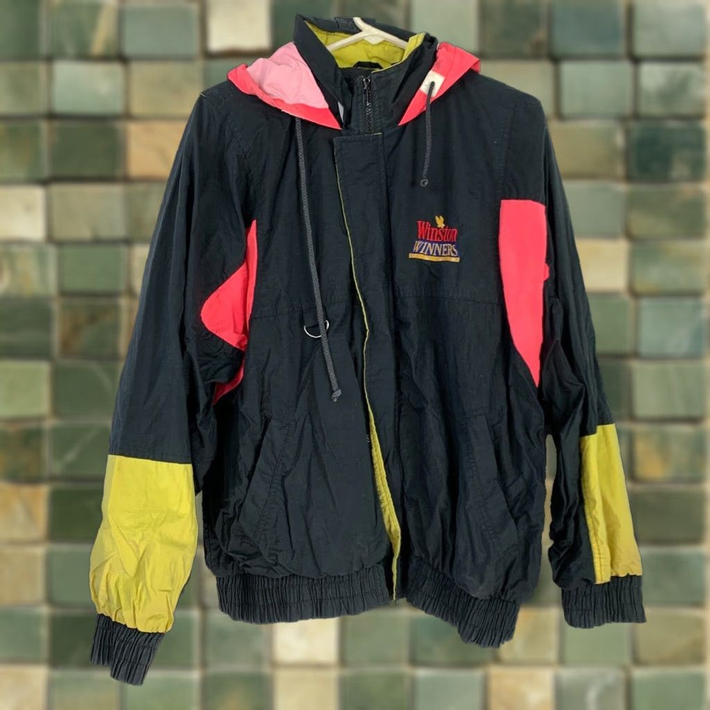Vintage VINTAGE Style Auto Racing Jacket Mens XL Black Nylon Windbreaker Hood Zipper 90s Winston Winners Club Size US XL / EU 56 / 4 - 1 Thumbnail