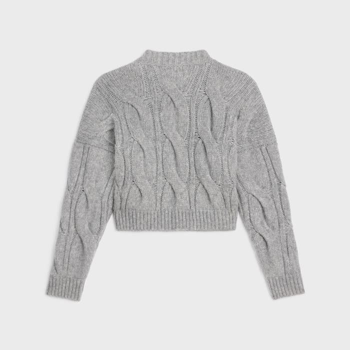 Celine o1w1db10125 2AF74086U Cable Knit V-Neck Sweater in Grey Size L / US 10 / IT 46 - 2 Thumbnail