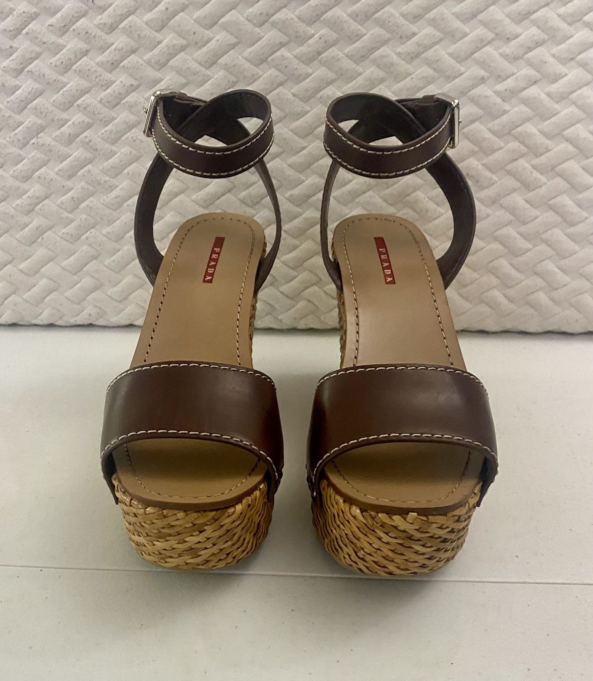 Prada Prada Brown Leather Wicker Wedge Sandals 3XZ175 10 US NEW Size US 10 / IT 40 - 3 Thumbnail