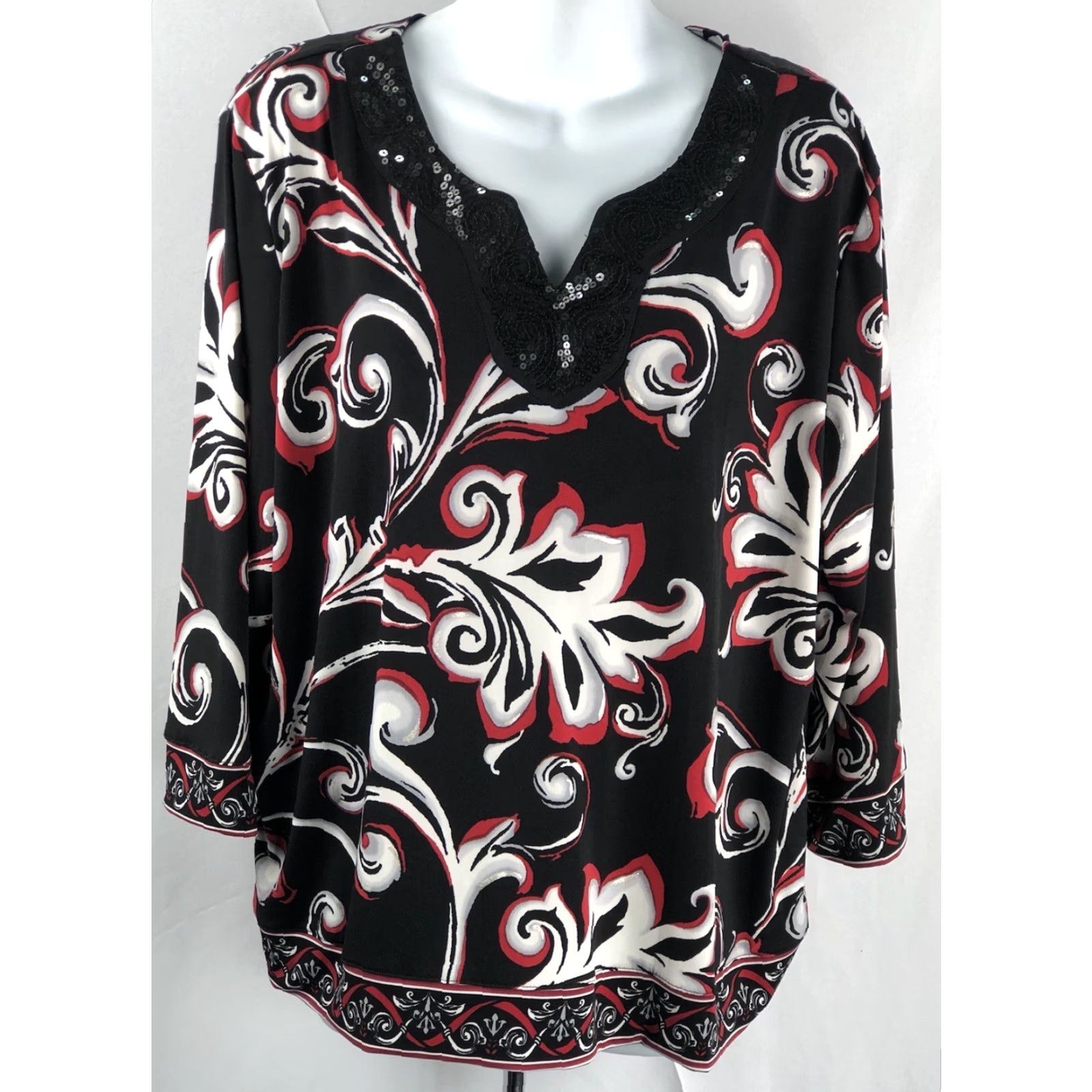 Vintage Alfred Dunner Tunic Top PXLblk/red Mod Geometric Sequin cut out V-neck 3/4 sleeve Blouse Women Size XL / US 12-14 / IT 48-50 - 5 Thumbnail