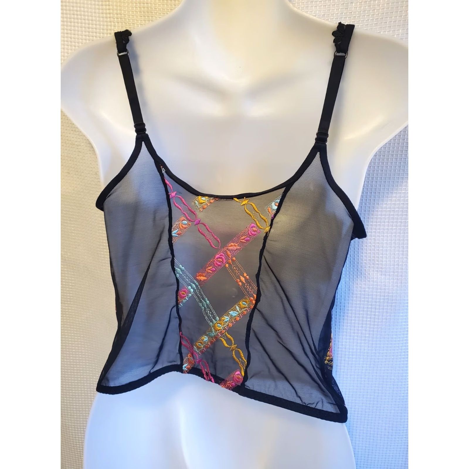 Vintage Mob Wife Embroidered Corset Camisol Womens Black Sheer Hook Loop S 30C Size S / US 4 / IT 40 - 7 Thumbnail