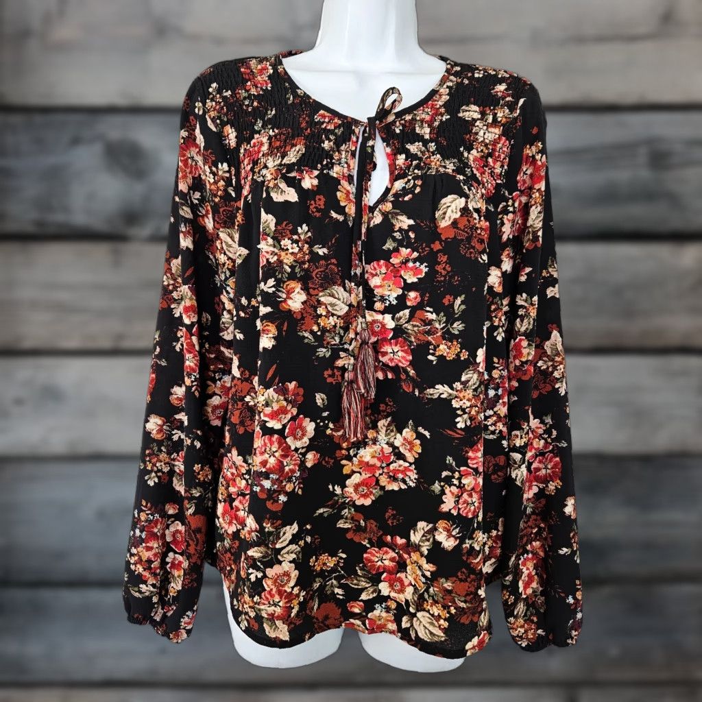 Vintage Knox Rose Womens Blouse XL Black Red Floral Long Sleeve Top Size XL / US 12-14 / IT 48-50 - 1 Thumbnail