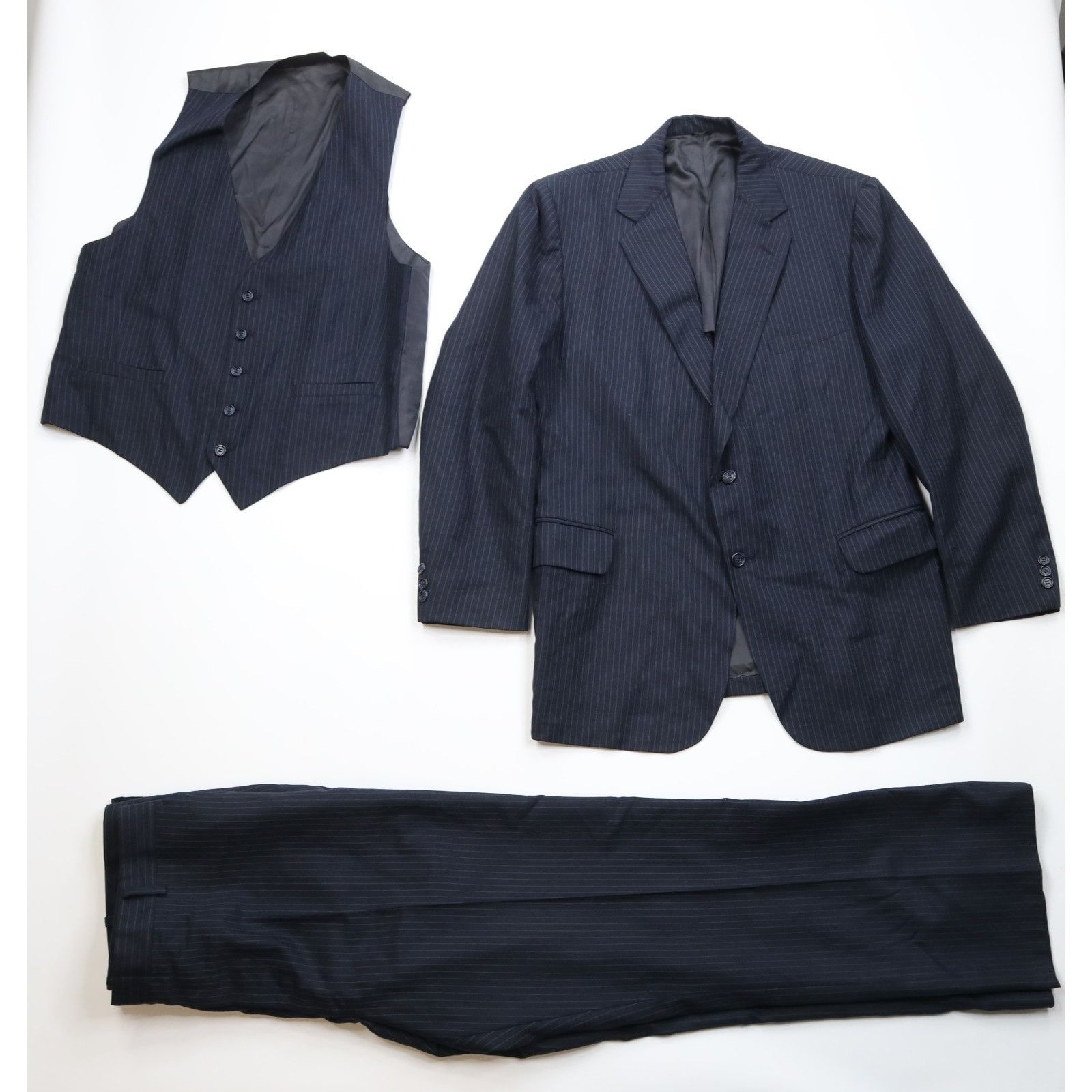 Vintage Vintage 70s Heavy Wool Pinstriped 3 Piece Suit Wedding Size 44L - 1 Thumbnail