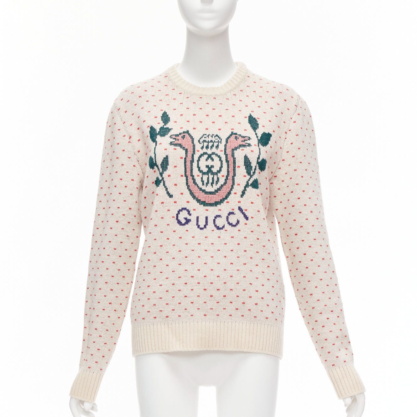 image of Gucci 100% Wool Cream Red Fairisle Vintage Crest Logo Intarsia Sweater Top Xs, Women's (Size Small)