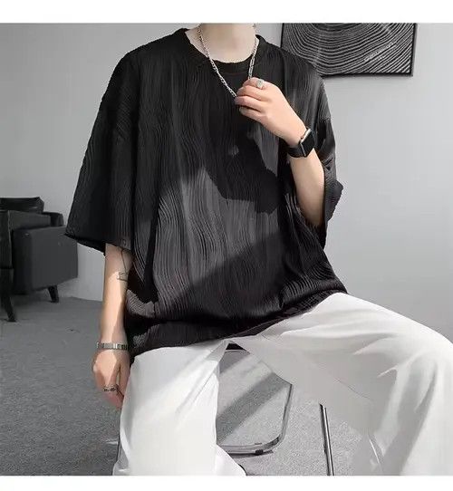 VIBE 💎 Korean Black Wave Pleated Relaxed Tee T-shirt Size US L / EU 52-54 / 3 - 1 Thumbnail