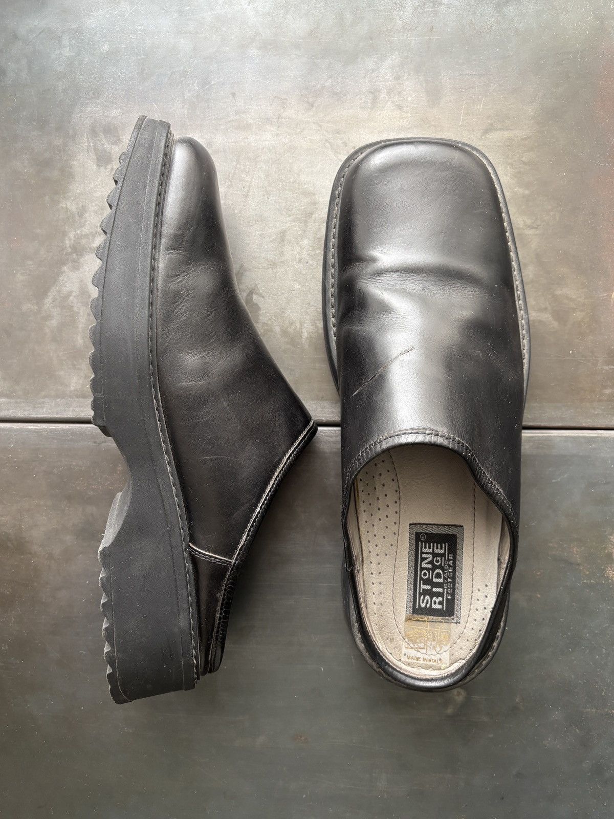 Square Toe Mule Shoess 1990S Stone Ridge Aldo Leather Lug Shoes in Black, Men's (Size 13)