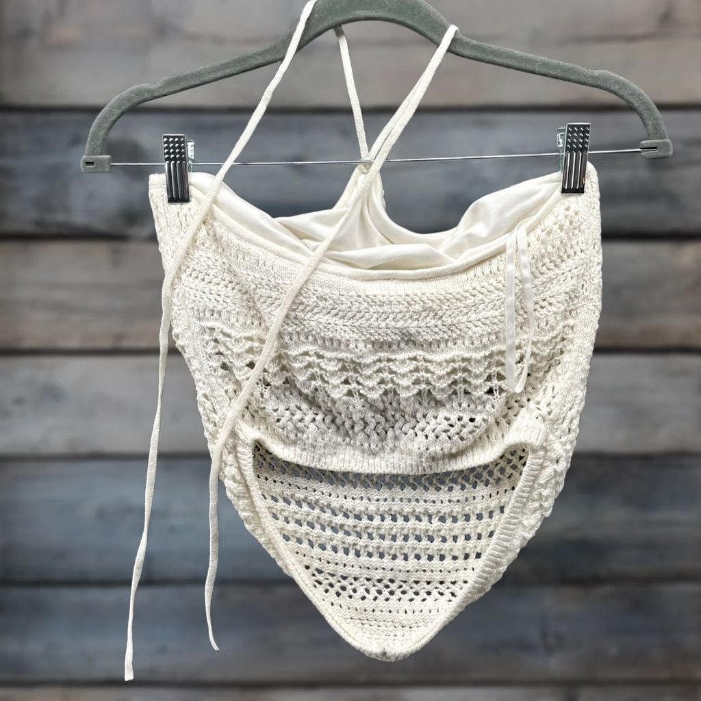 Abercrombie & Fitch VINTAGE Abercrombie & Fitch Crochet Bandana Top Womens L Ivory Open Knit Halter Size L / US 10 / IT 46 - 1 Thumbnail