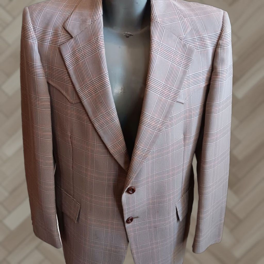 VINTAGE Prestige West Blazer Jacket 1980s Wool Blend Gray Mens 44R Tailored Western Plaid Decade 80s Mens