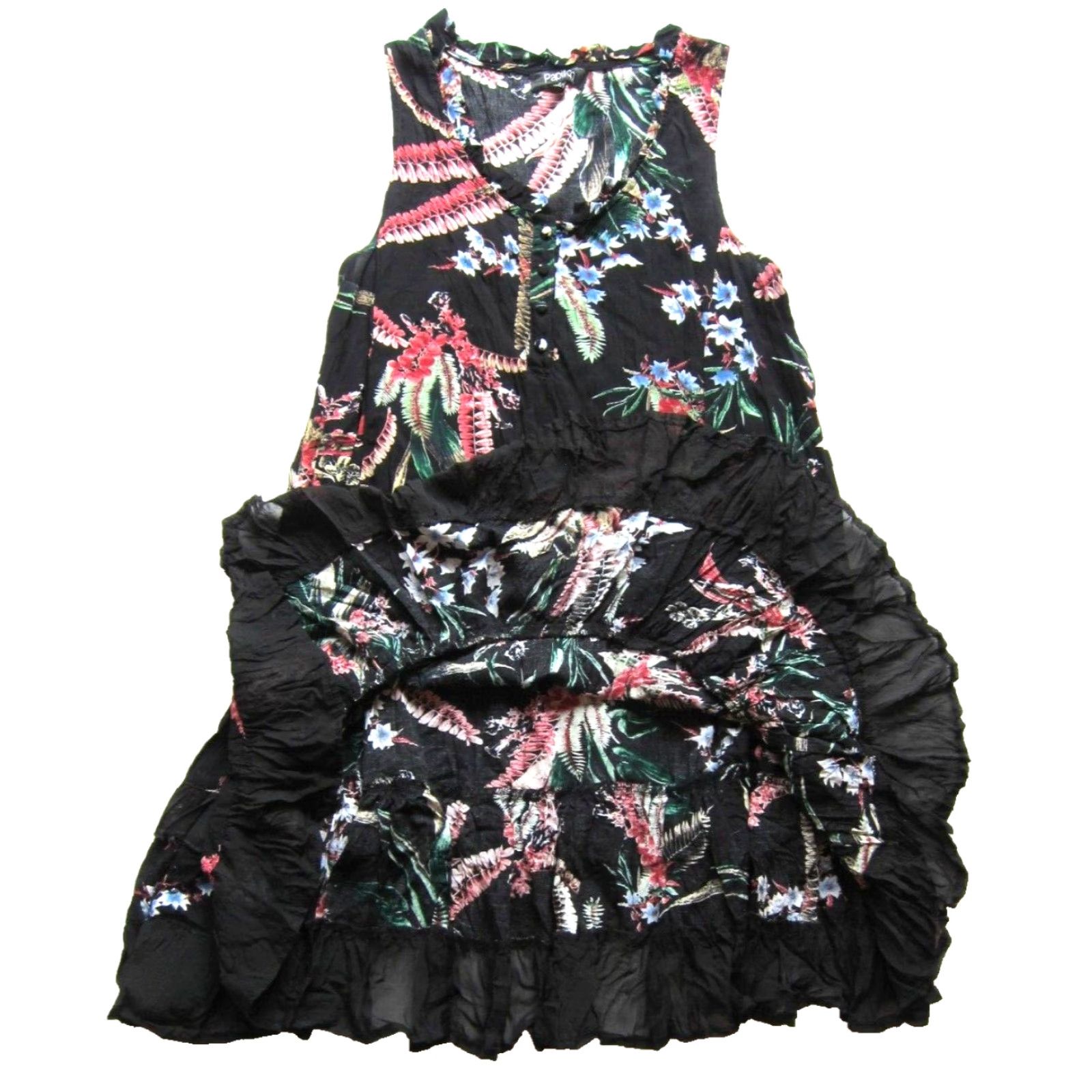 Vintage VINTAGE Papillon 100% Rayon Black Green Pink Floral Sleeveless Ruffle Tank Sun Dress Small Size S / US 4 / IT 40 - 5 Thumbnail