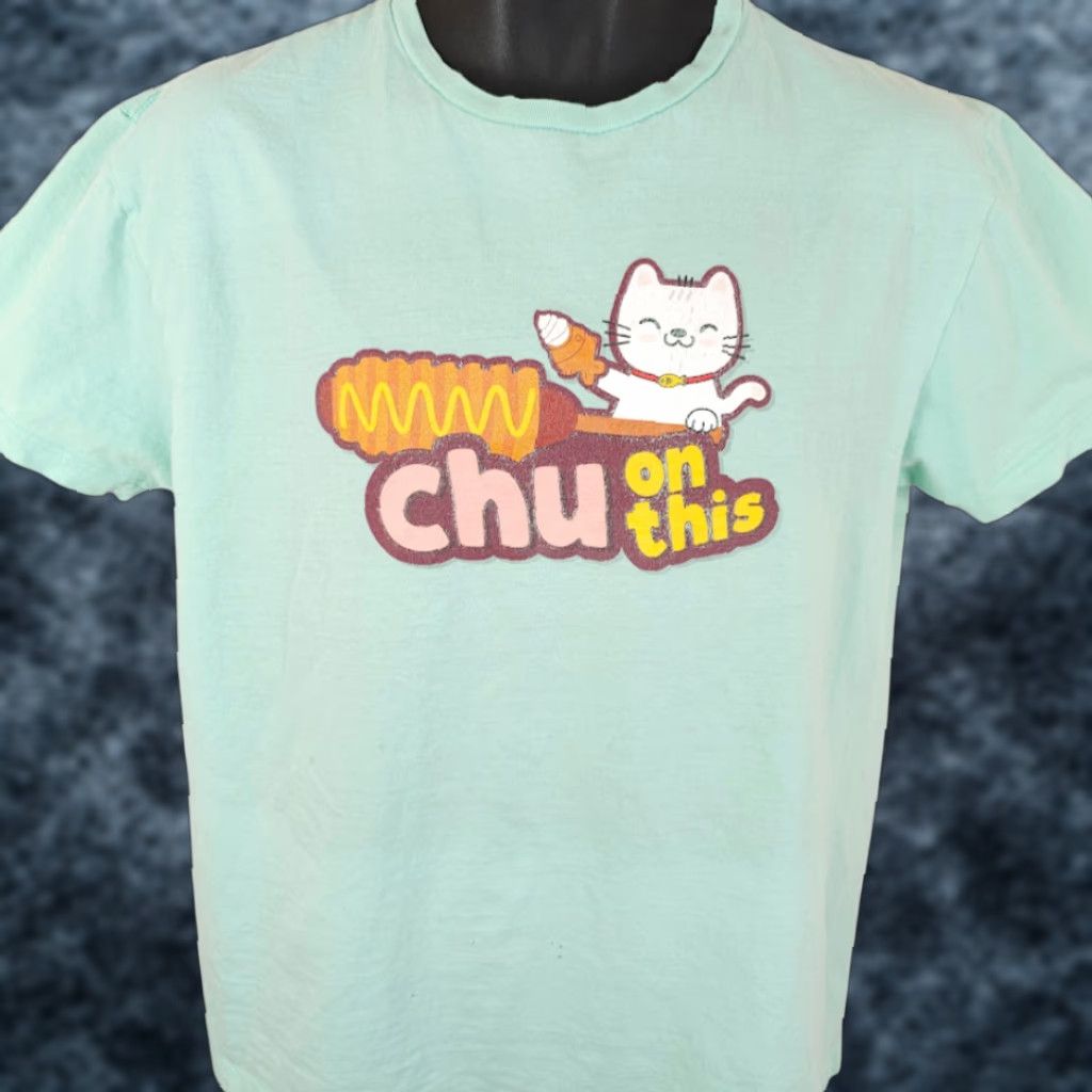 Kawaii Cat T Shirt Mens Size Large Blue Chu On This Corn Dog Snack Tee