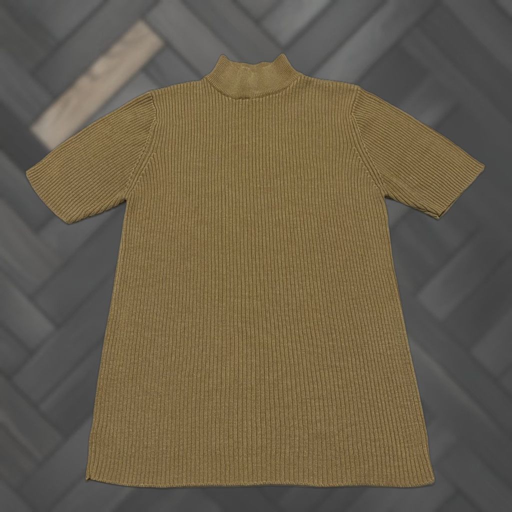 Vintage VINTAGE Crystal Kobe Ribbed Knit Top Short Sleeve Mock Neck Acrylic Tan Small Women’s Shirt Size S / US 4 / IT 40 - 1 Thumbnail