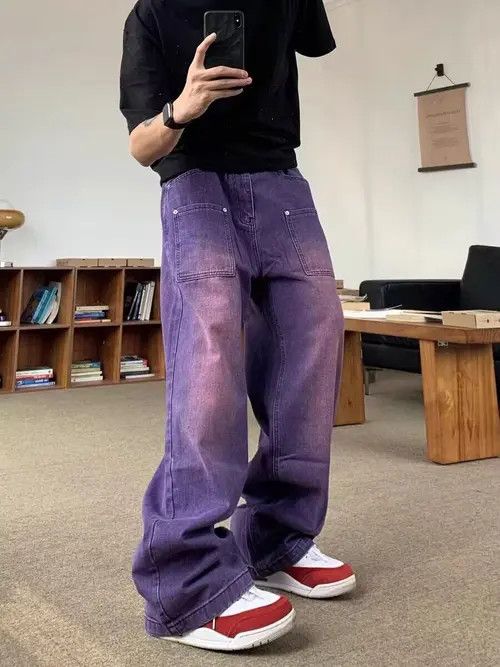 image of Vintage Purple Washed Distressed Wide Leg Jeans, Men's (Size 32)