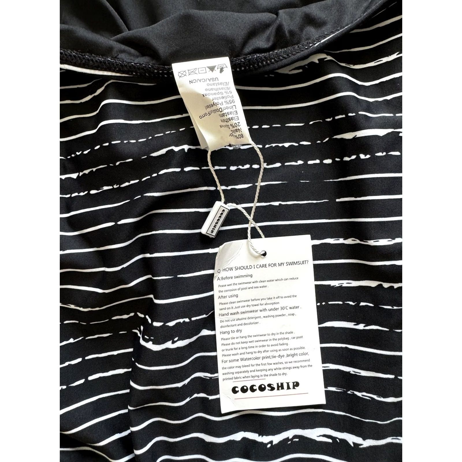 Bather COCOSHIP One Piece Retro Backless Bather High-Waisted Swimsuit 12 Women's Black & White Striped Halter Adjustable Strap Built-In Bra Size ONE SIZE - 7 Thumbnail