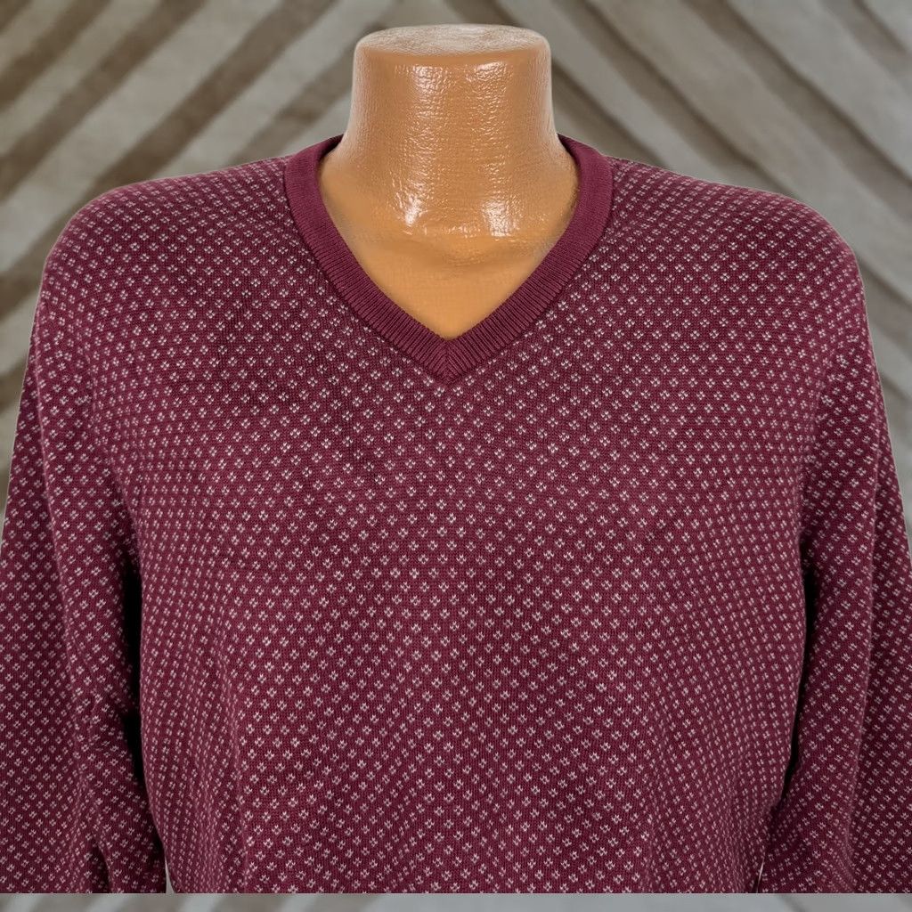 Lands' End Lands' End Mens Large Burgundy V-Neck Supima Cotton Knit Geometric Pullover Sweater Shirt Size US L / EU 52-54 / 3 - 1 Thumbnail