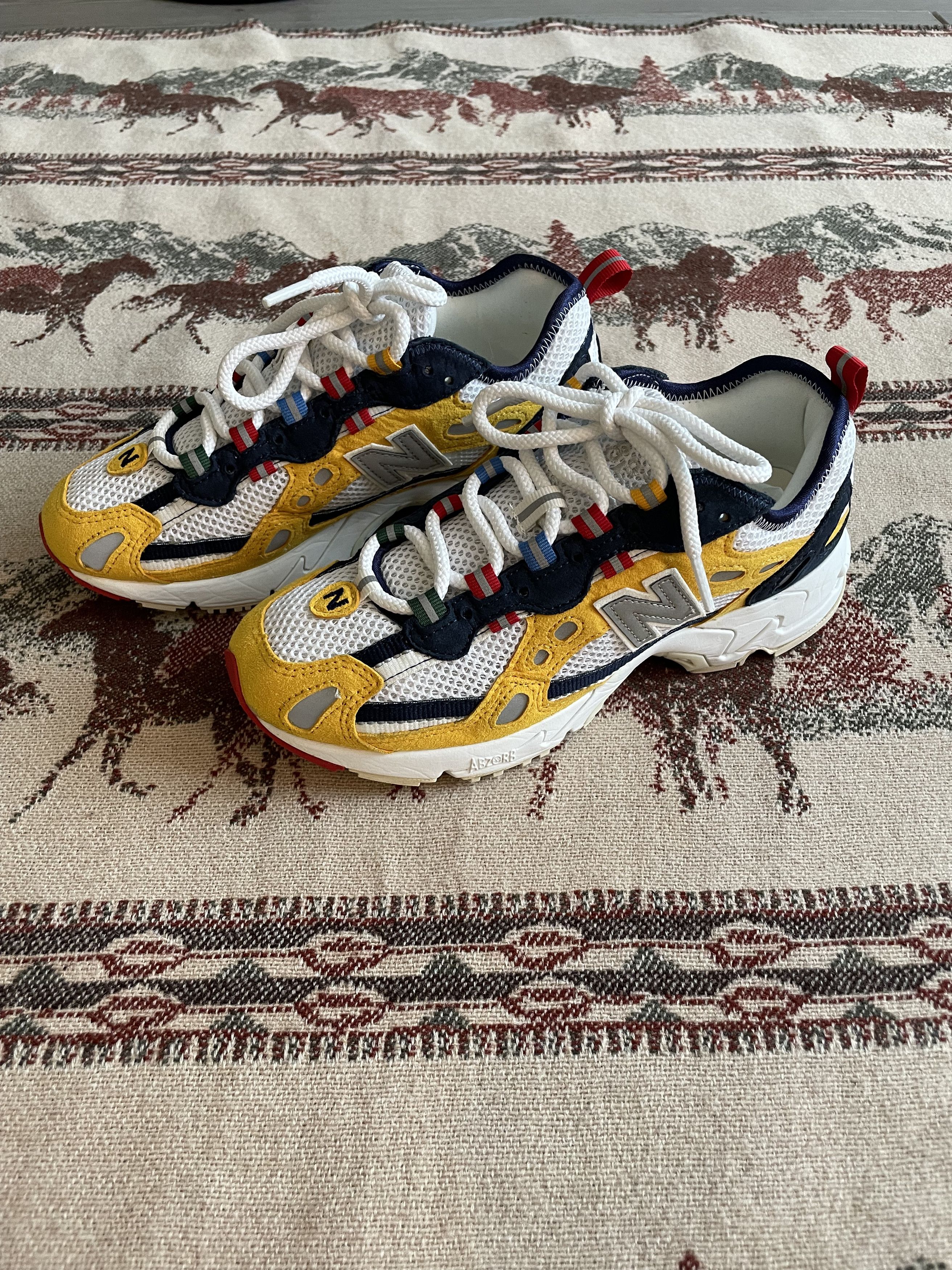 image of Aime Leon Dore x New Balance Amie Leon Dore New Balance 827 Abzorb Shoes in Yellow Red Blue (Size 5