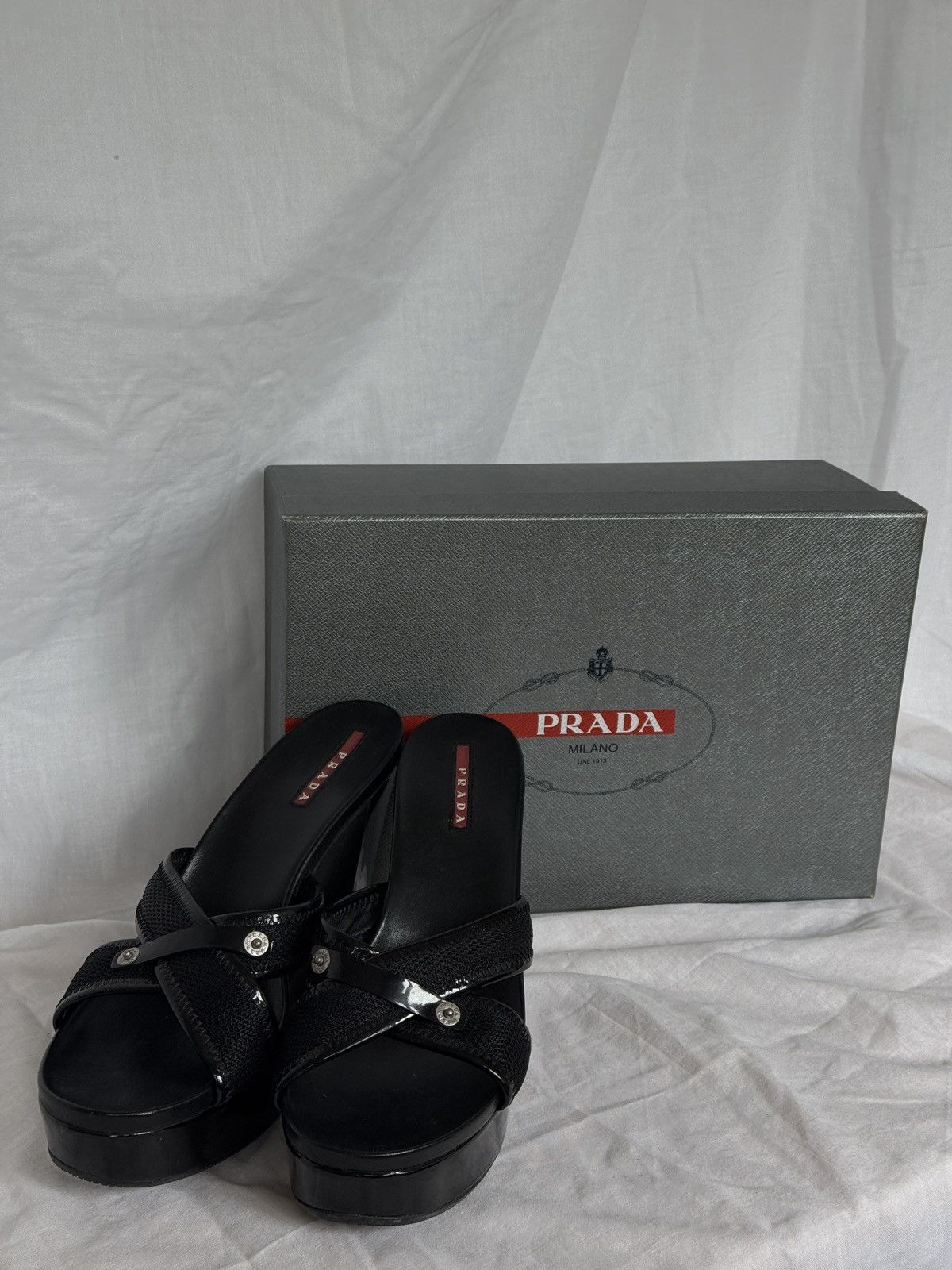 Prada Prada Black Leather Straps Wedges Sandals Size US 8.5 / IT 38.5 - 1 Thumbnail