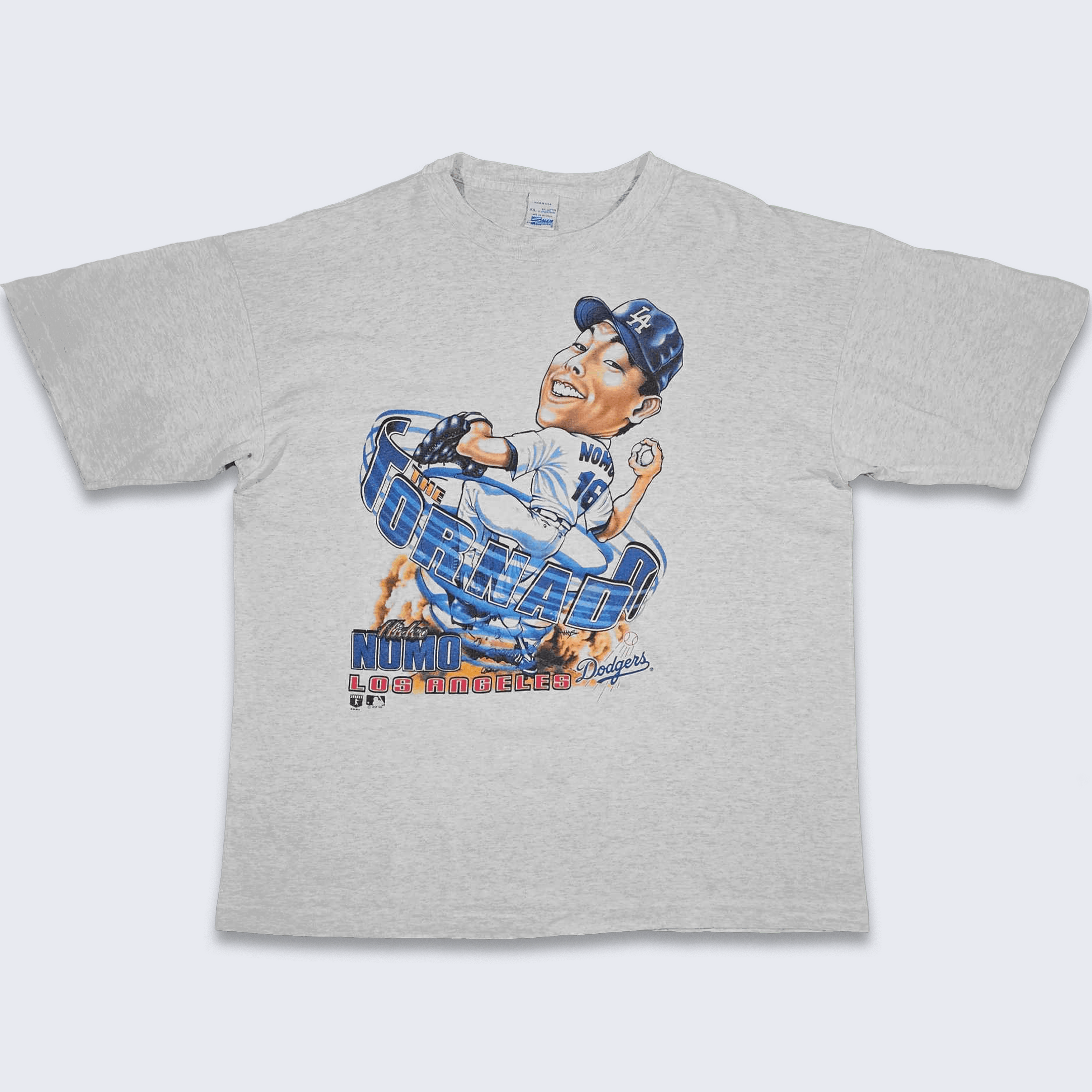 image of Mlb x Salem Vintage Los Angeles Dodgers Vintage 90's Hideo Tornado Nomo T-Shirt in Heather Gray (Si