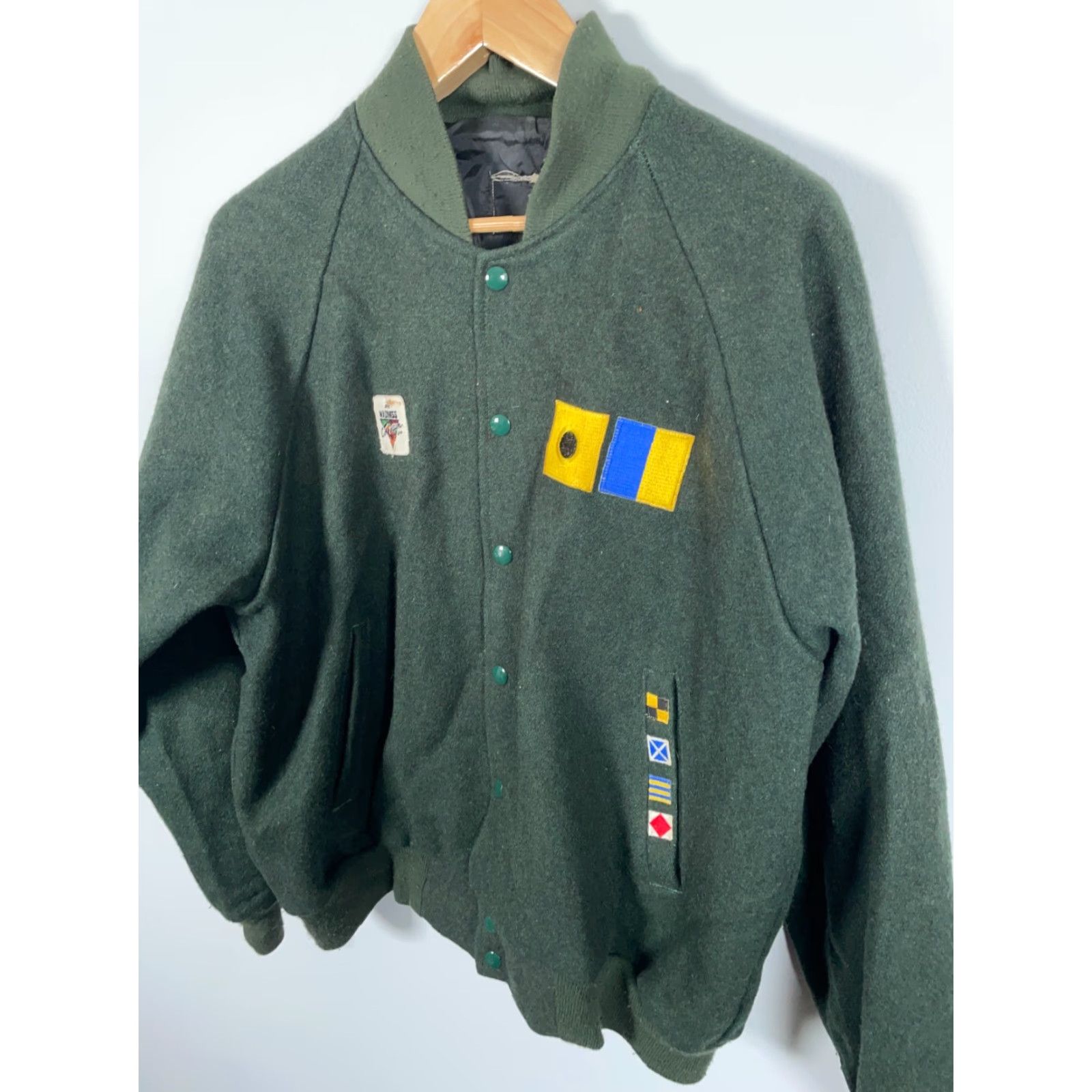 VINTAGE 80s Wool Bomber Jacket Mens XL Green Snap Button