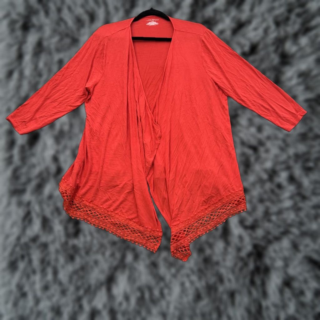 Vintage Lane Bryant Cardigan Womens 14/16 Red Open Front Lace Hem 3/4 Sleeve Boho Drape Size XL / US 12-14 / IT 48-50 - 1 Thumbnail