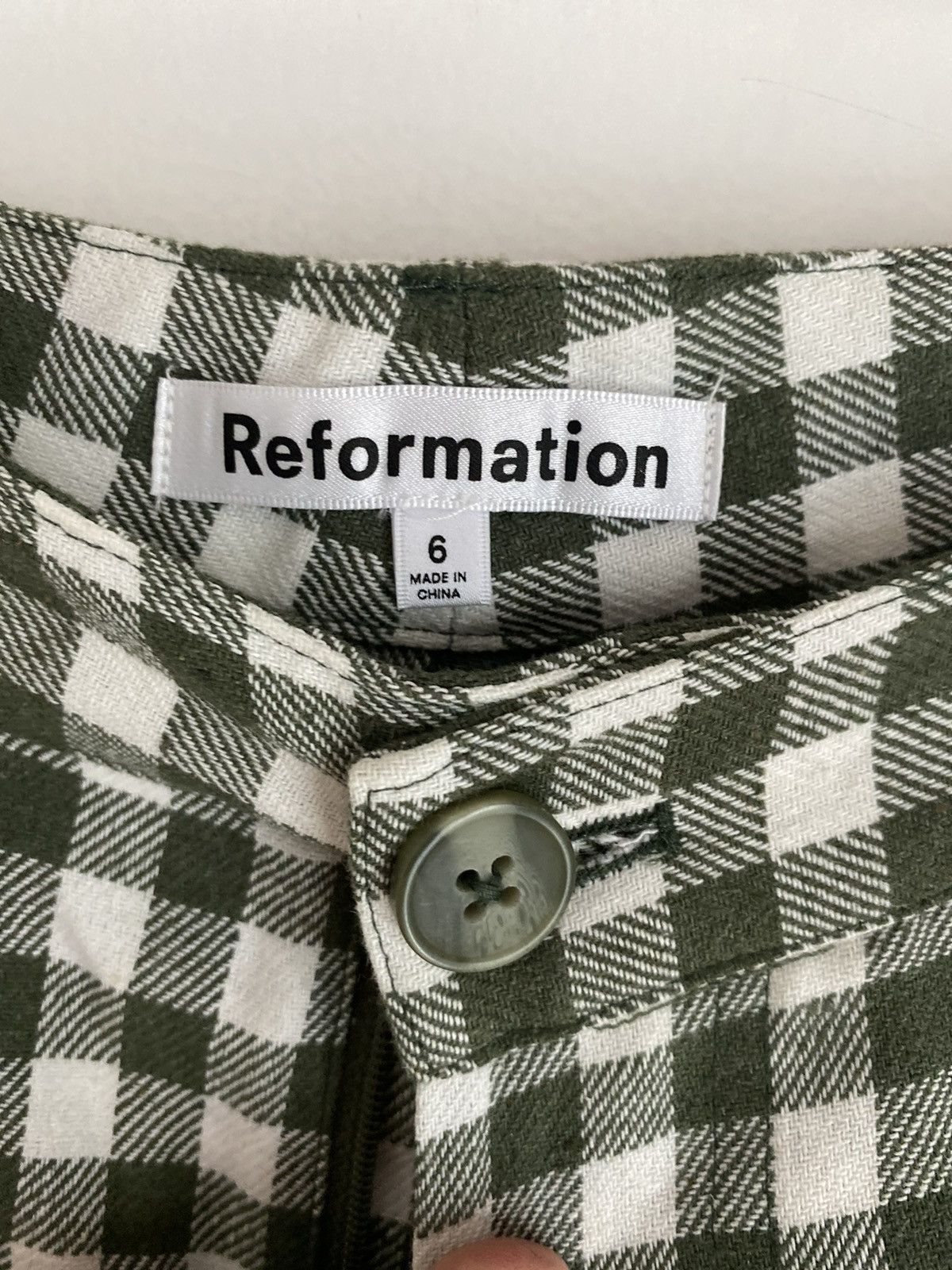 Reformation Reformation Franklin Green White Cotton Blend Check Pant 6 Size 28" / US 6 / IT 42 - 6 Thumbnail