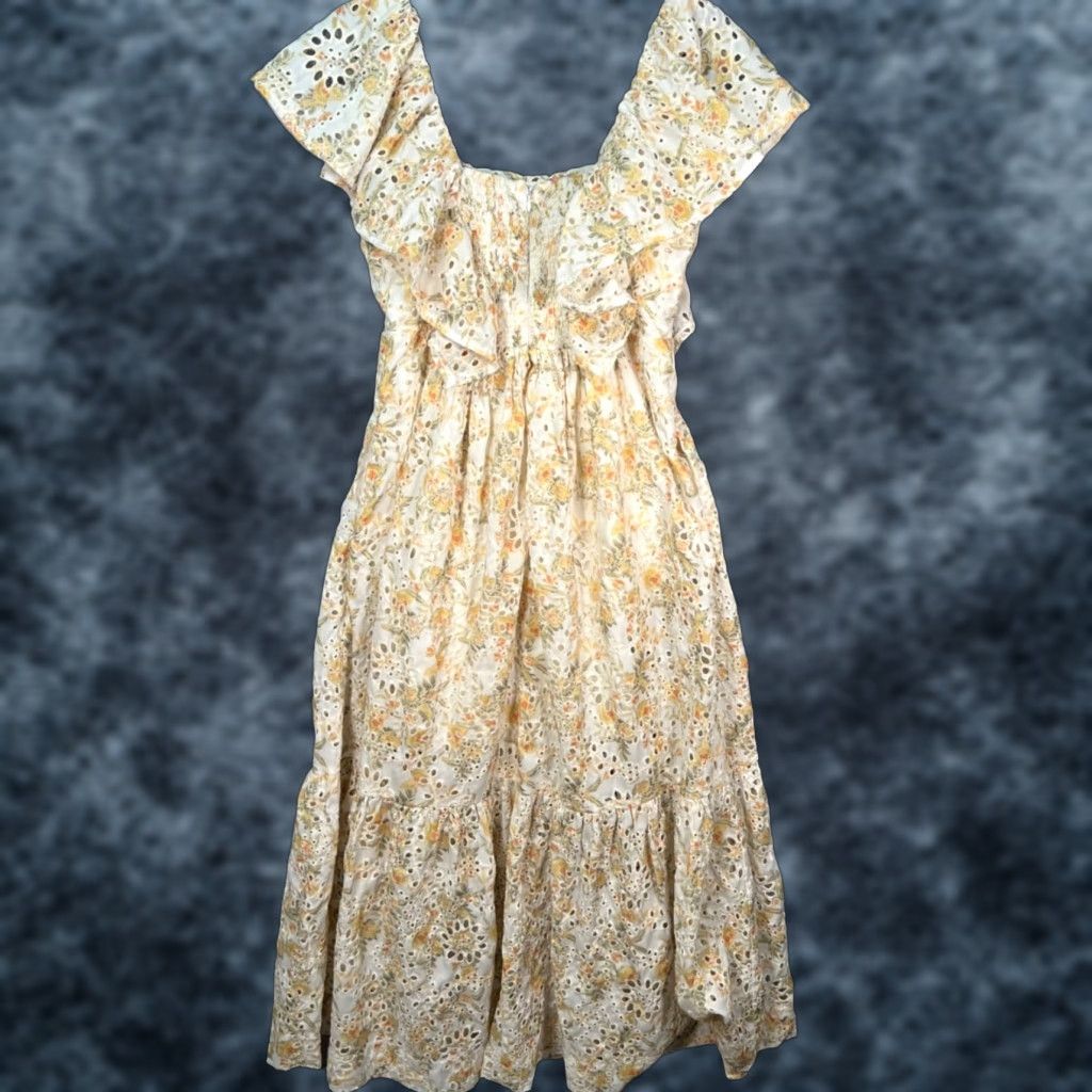 En Saison Womens Dress Midi En Saison Floral Eyelet Ruffle Yellow / White Puff Sleeve A-Line Maxi Casual Party/Cocktail Summer Spring Womens Medium