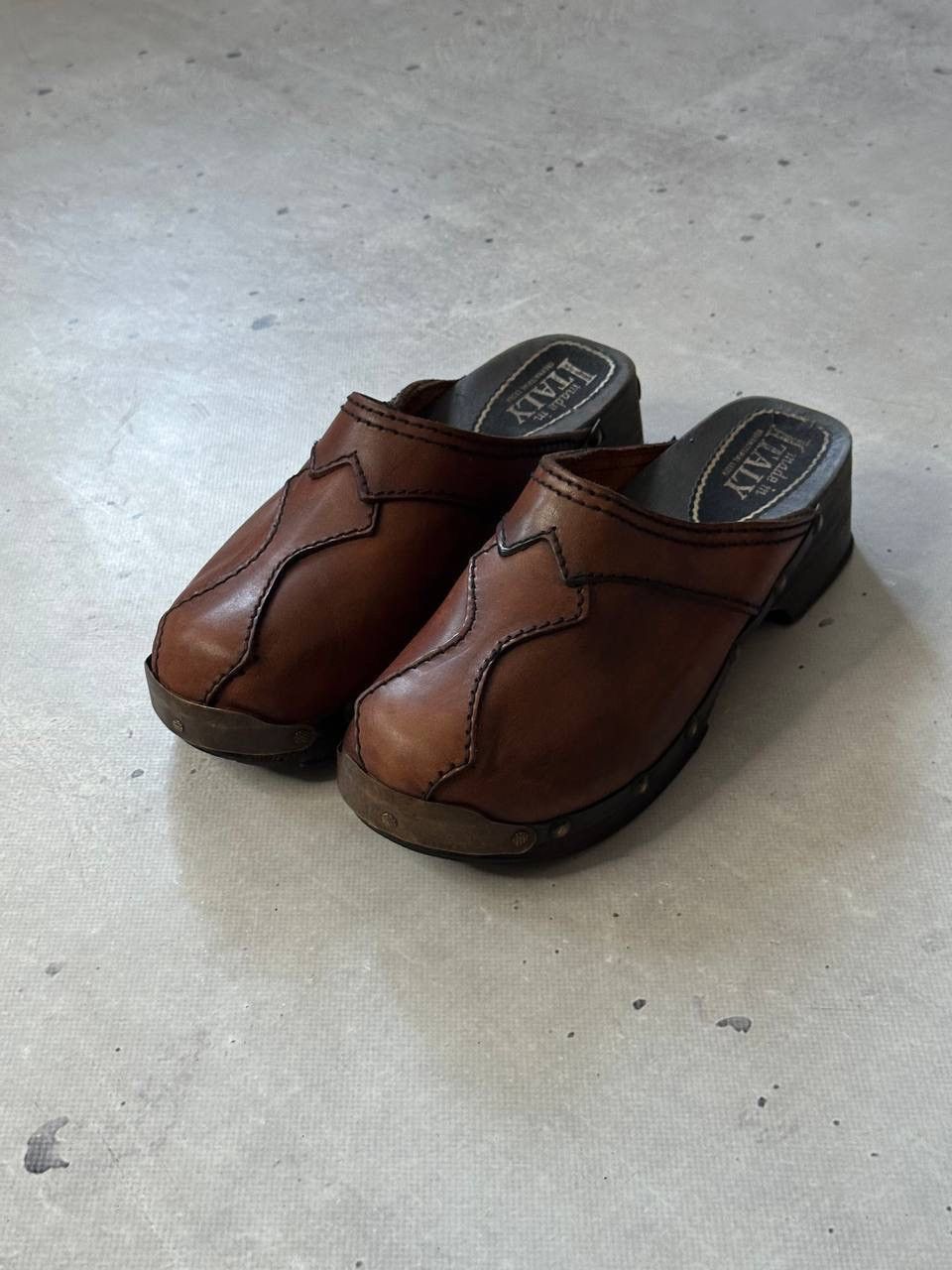 Vintage Leather Mule Shoess Rustwood Clogs Y2K Sole Brass Studs Shoes in Black, Men's (Size 9)