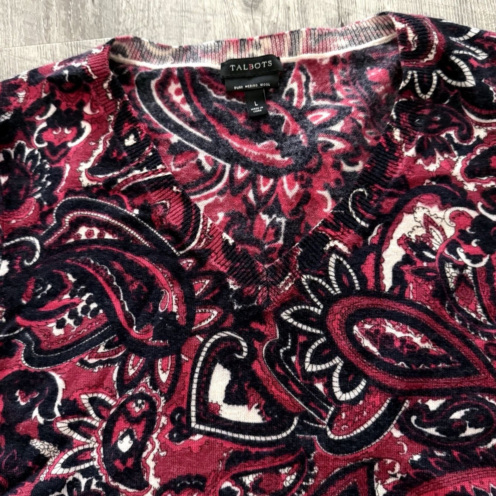 Talbots Talbots Pure Merino Wool Sweater Womens L Pink Black Paisley 3/4 Sleeve V-Neck Pullover Regular Size L / US 10 / IT 46 - 7 Thumbnail