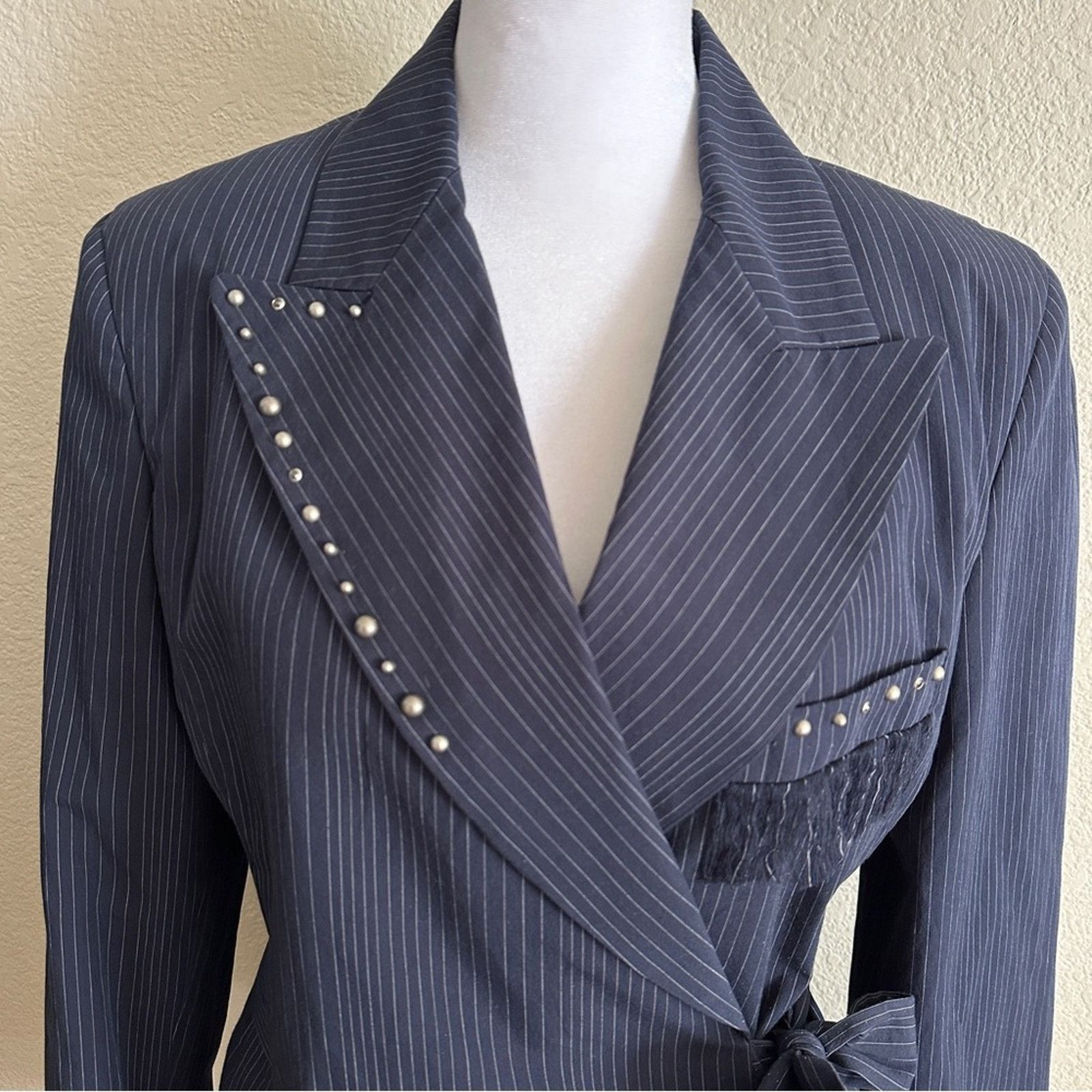 AGLINI AGLINI Pinstriped 100% COTTON Wrap Tie Blazer Blue White 42 Size M / US 6-8 / IT 42-44 - 6 Thumbnail