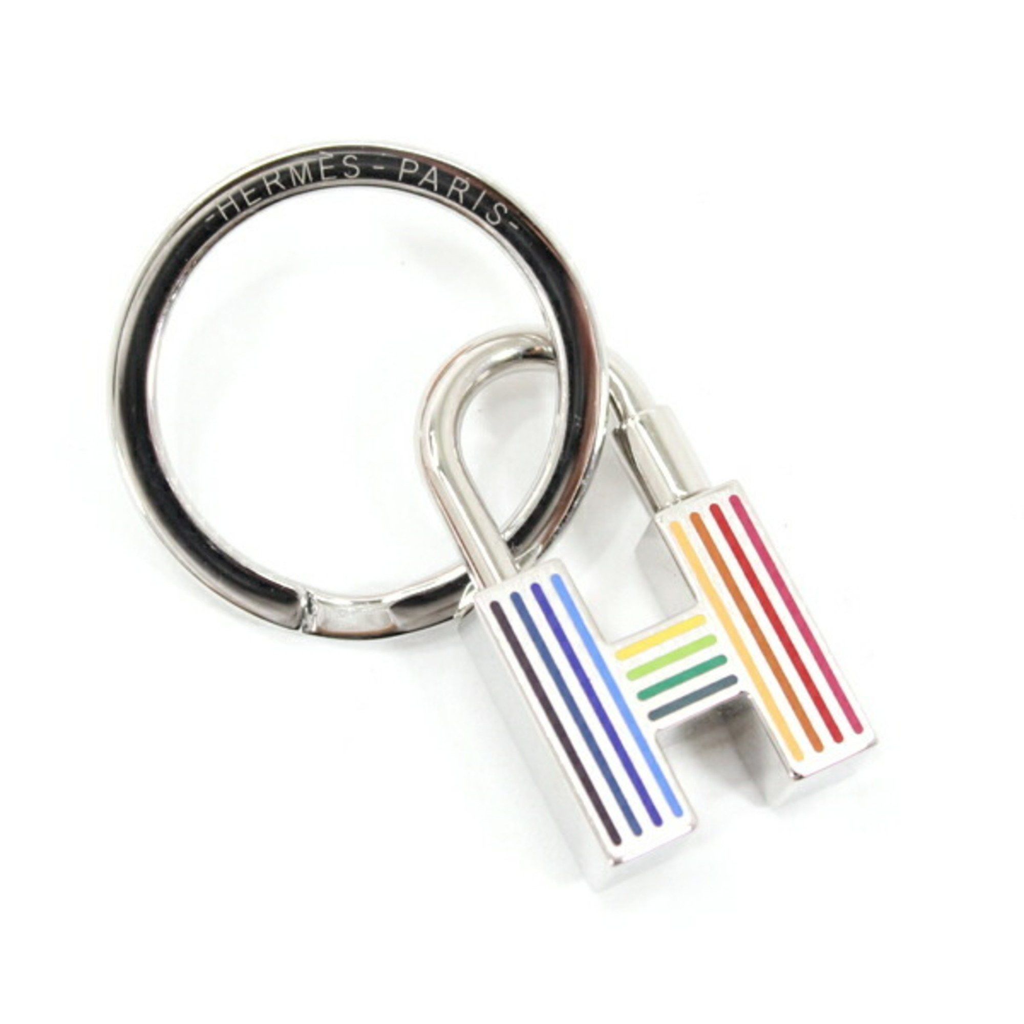 image of Hermes Quiz Rainbow Padlock Keyring Hermes Key Case Silver Stainless Steel Ss Men's Women's T4887