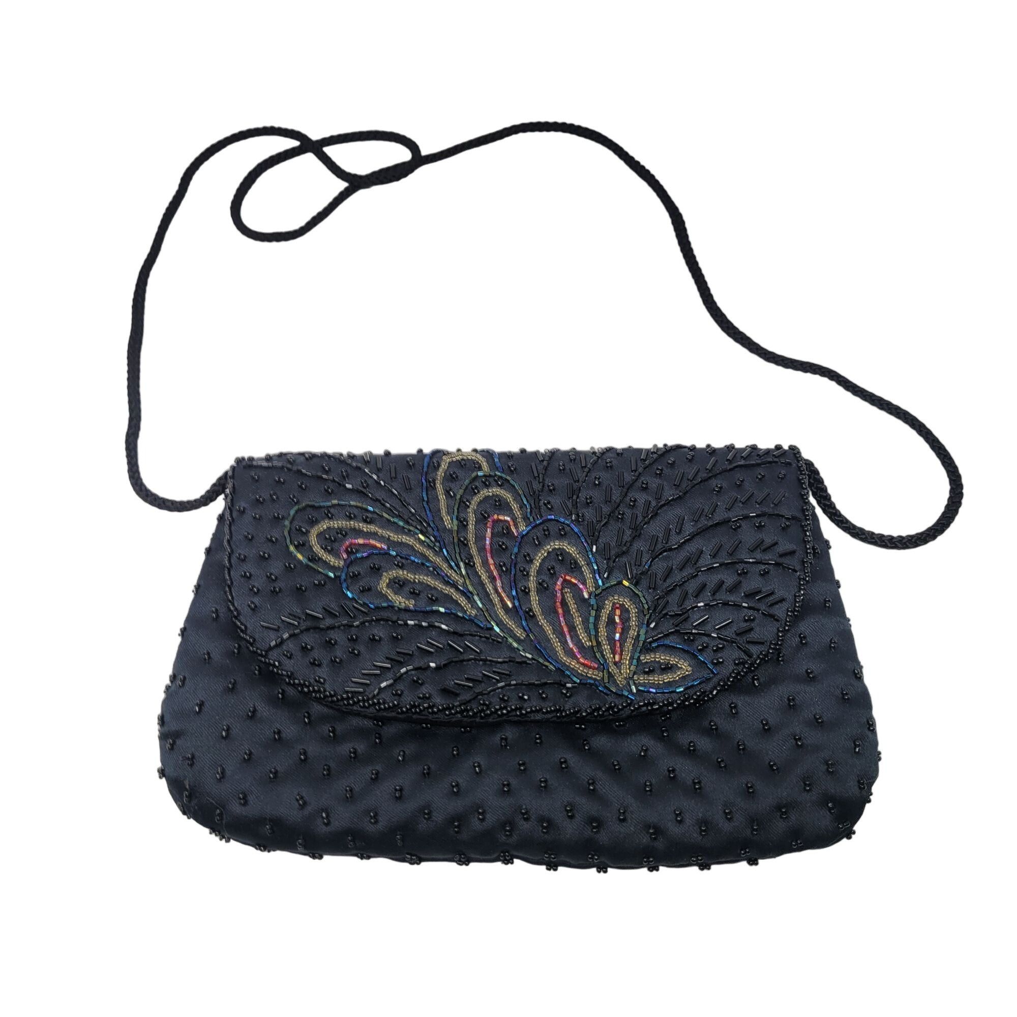 Vintage Vtg Formal Black Satin Beaded Evening Bag Peacock Beaded Size ONE SIZE - 6 Thumbnail