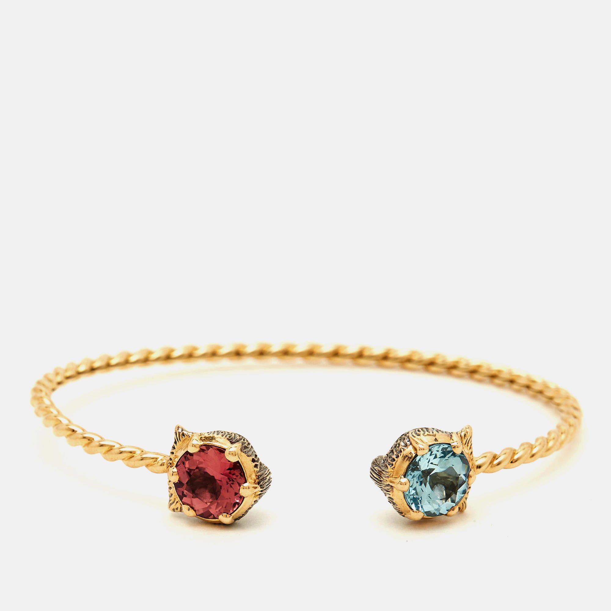 image of Gucci Marche Des Merveilles Feline Diamond Aquamarine Pink Tourmaline 18K Yellow Gold Cuff Bracelet