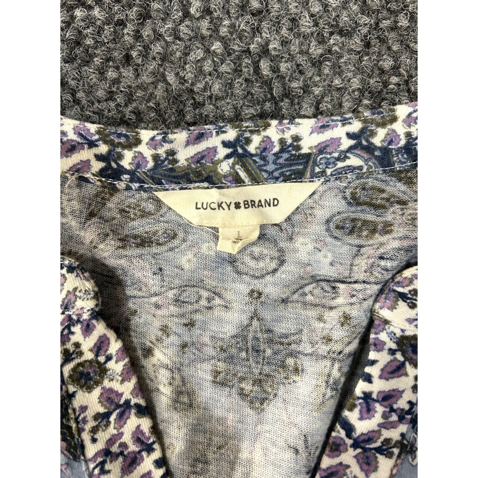 Lucky Brand Lucky Brand Blouse Women's L Blue Purple Floral Boho Knit V-Neck Short Sleeve Pullover Casual Size L / US 10 / IT 46 - 4 Thumbnail