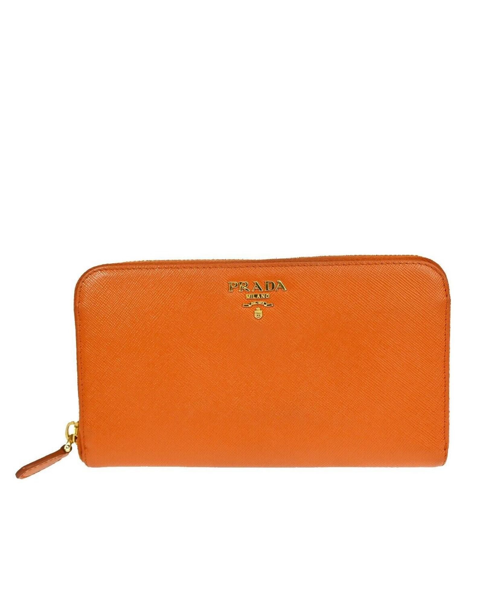image of Prada Saffiano Leather Long Zipper Bifold Wallet in Orange, Women's