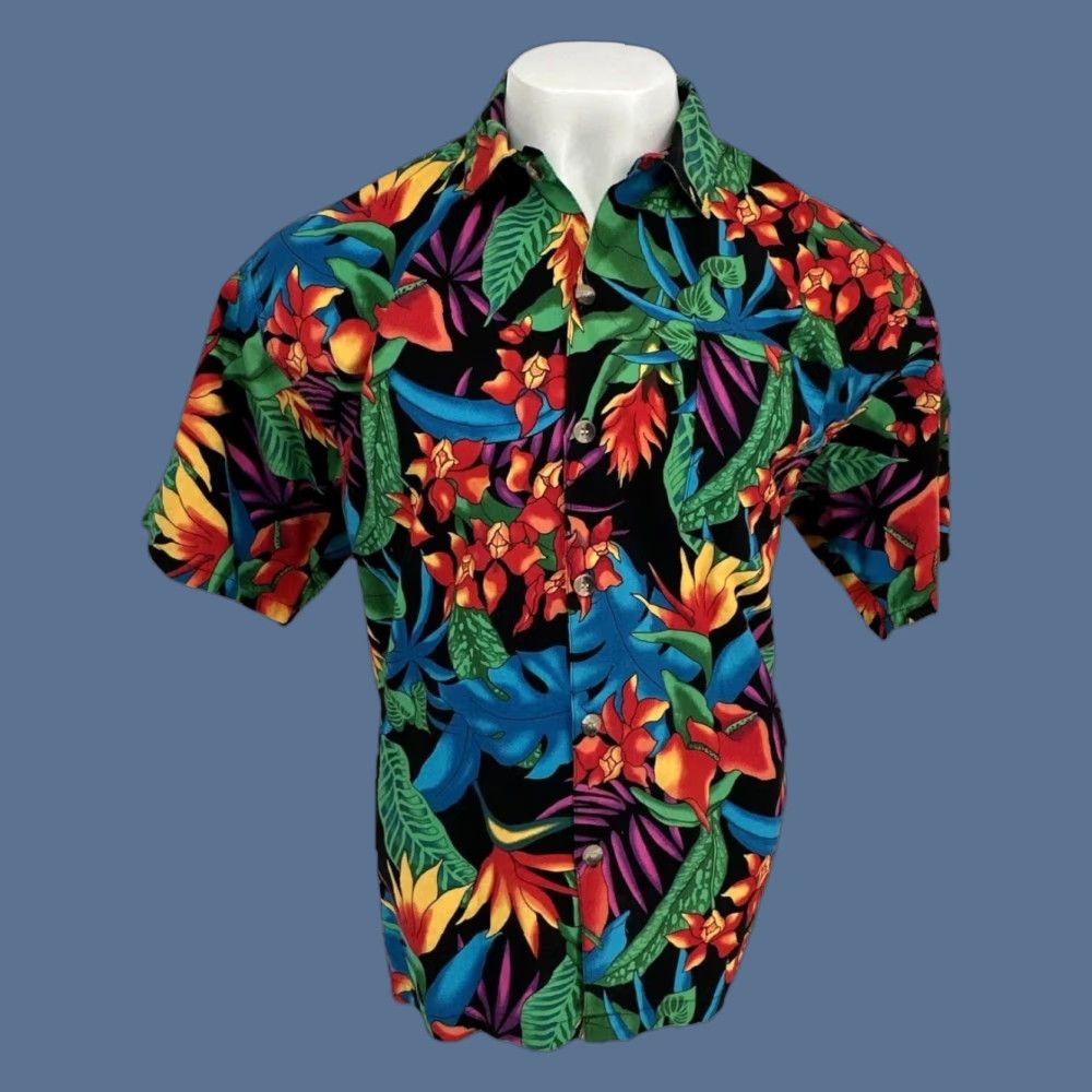 VINTAGE Toucan Dance Shirt Mens XL Multicolor Hawaiian Aloha Floral Cotton Button Up USA