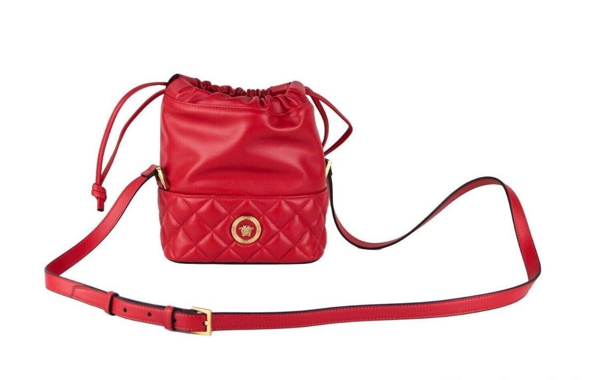 Versace Red Quilted Leather Drawstring Shoulder Bag Bucket Size ONE SIZE - 1 Thumbnail