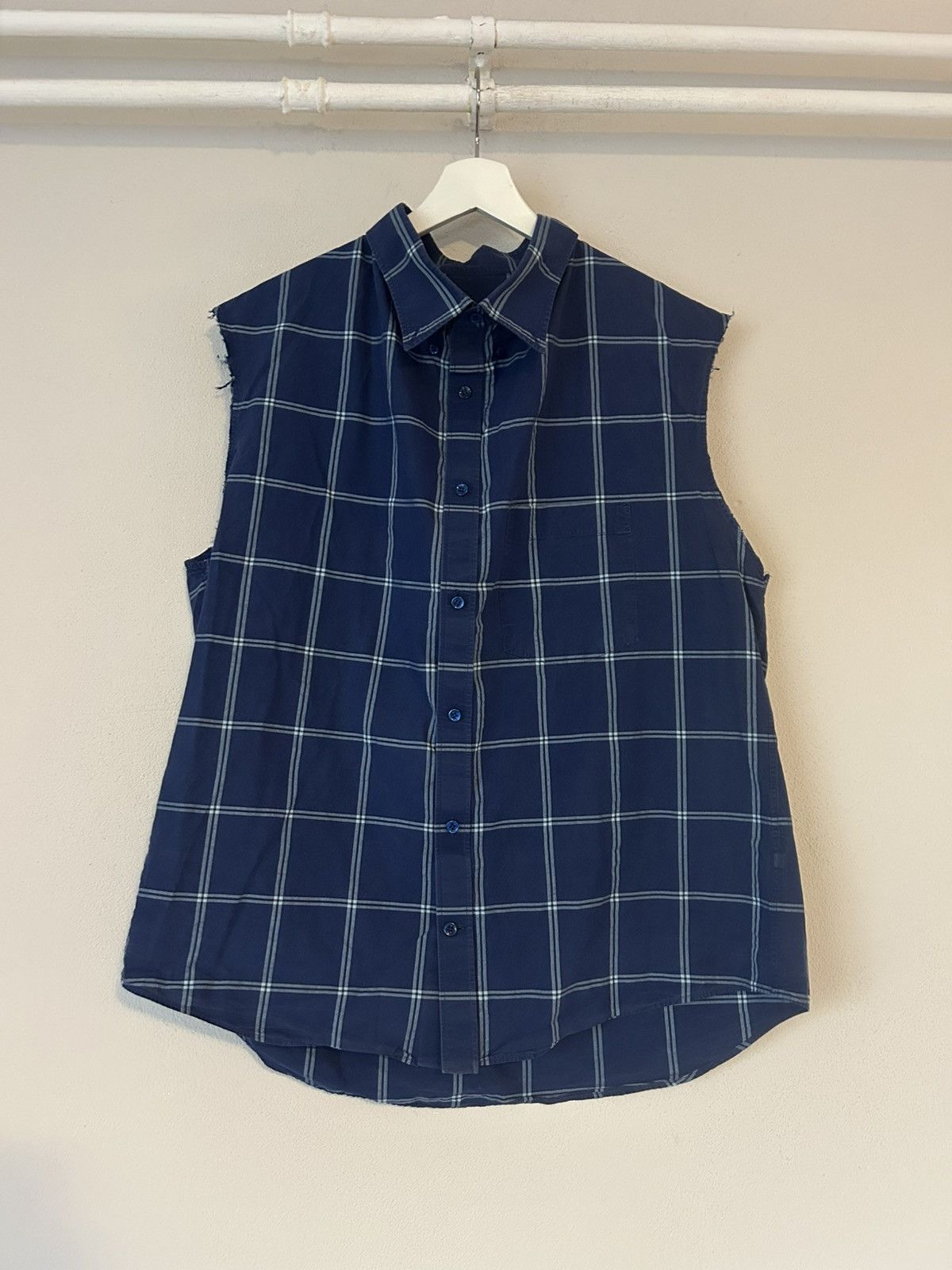 Balenciaga Sleeveless Blue Plaid Shirt with Raw Edges Size US M / EU 48-50 / 2 - 1 Thumbnail