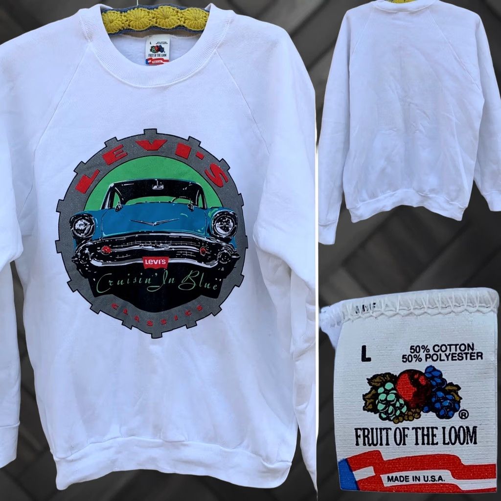 Fruit Of The Loom VINTAGE Fruit of the Loom Sweatshirt L White Cruisin’ In Blue Classics raglan sweatshirt 80s 90s American Cars Chevrolet Retro Men Size US L / EU 52-54 / 3 - 1 Thumbnail