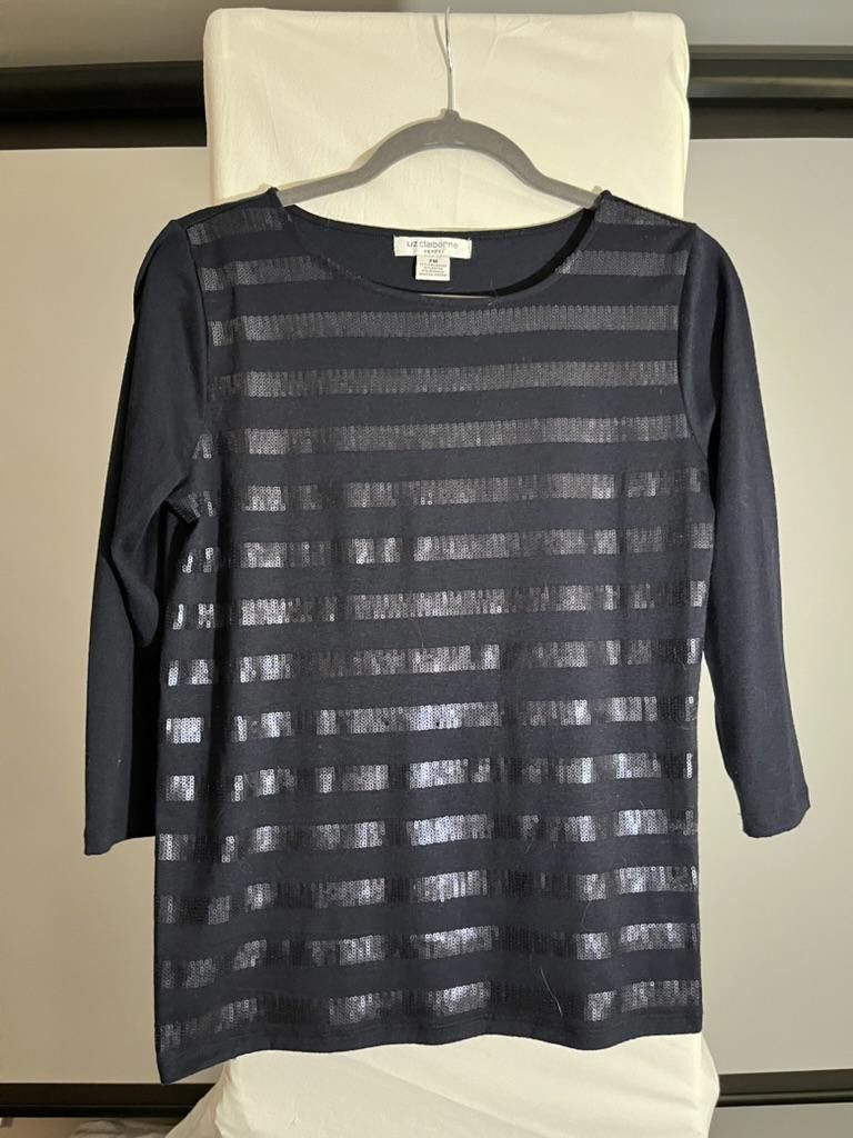 Designer Liz Claiborne Petite Black Striped Top Size M / US 6-8 / IT 42-44 - 1 Thumbnail