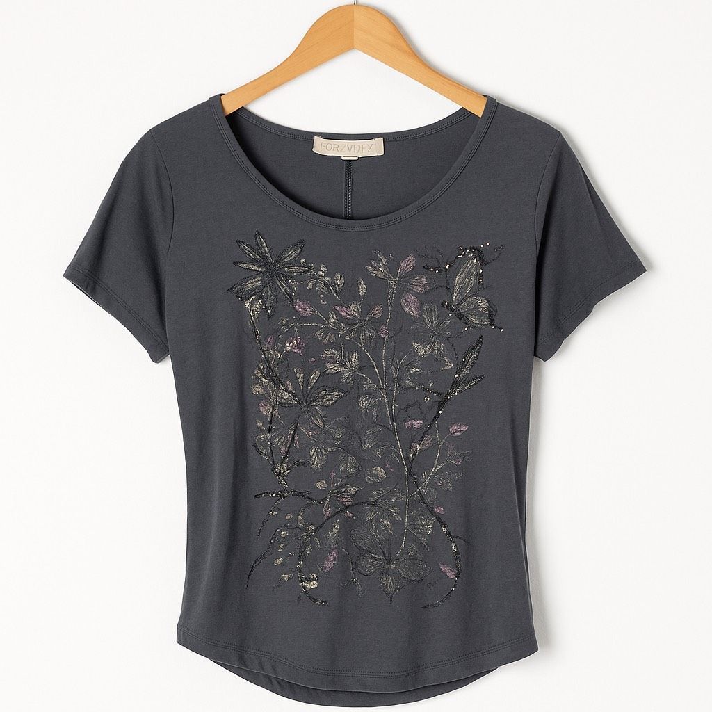 Forever 21 Forever 21 Gray Floral Beaded Cutout Back T-Shirt SZ M Size M / US 6-8 / IT 42-44 - 3 Thumbnail