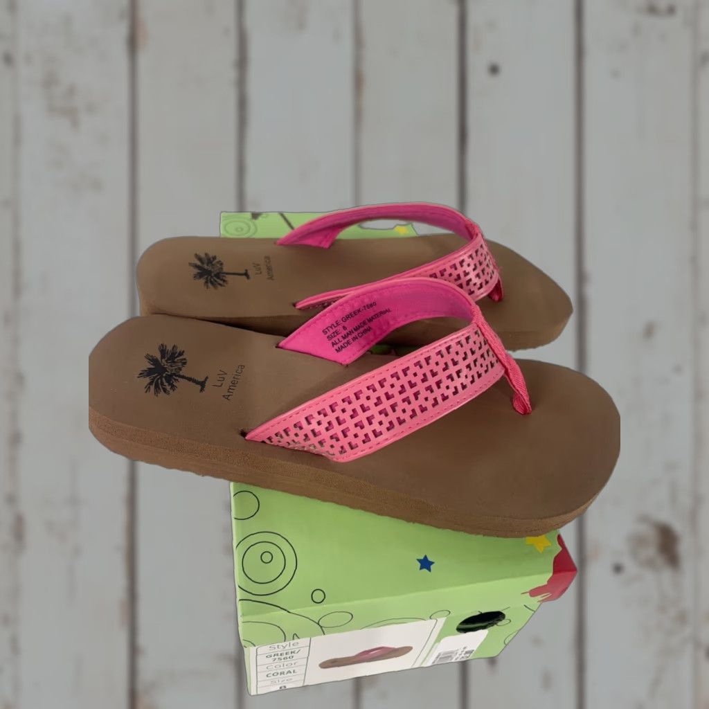 Vintage Luv America Greek Pink Flip Flops Womens Size 8 Sandal Casual Travel Workwear Slip On Flat Size US 8 / IT 38 - 1 Thumbnail
