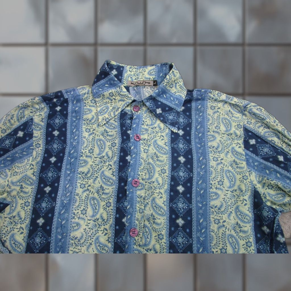 Krush Shirt Mens L Blue Paisley Disco 70s Winged Collar Made USA Boho Rockabilly Shirt