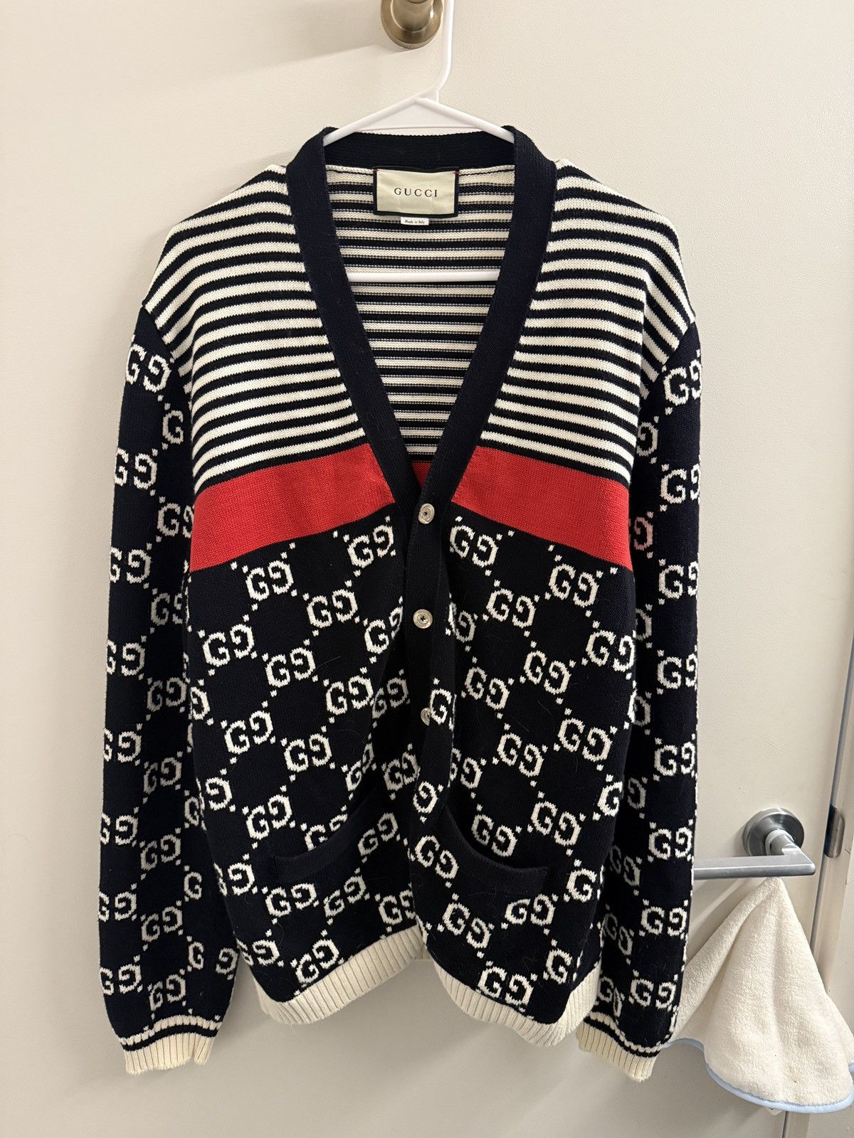 Gucci Gucci GG Monogram Cardigan Navy Red Stripe Size US L / EU 52-54 / 3 - 1 Thumbnail