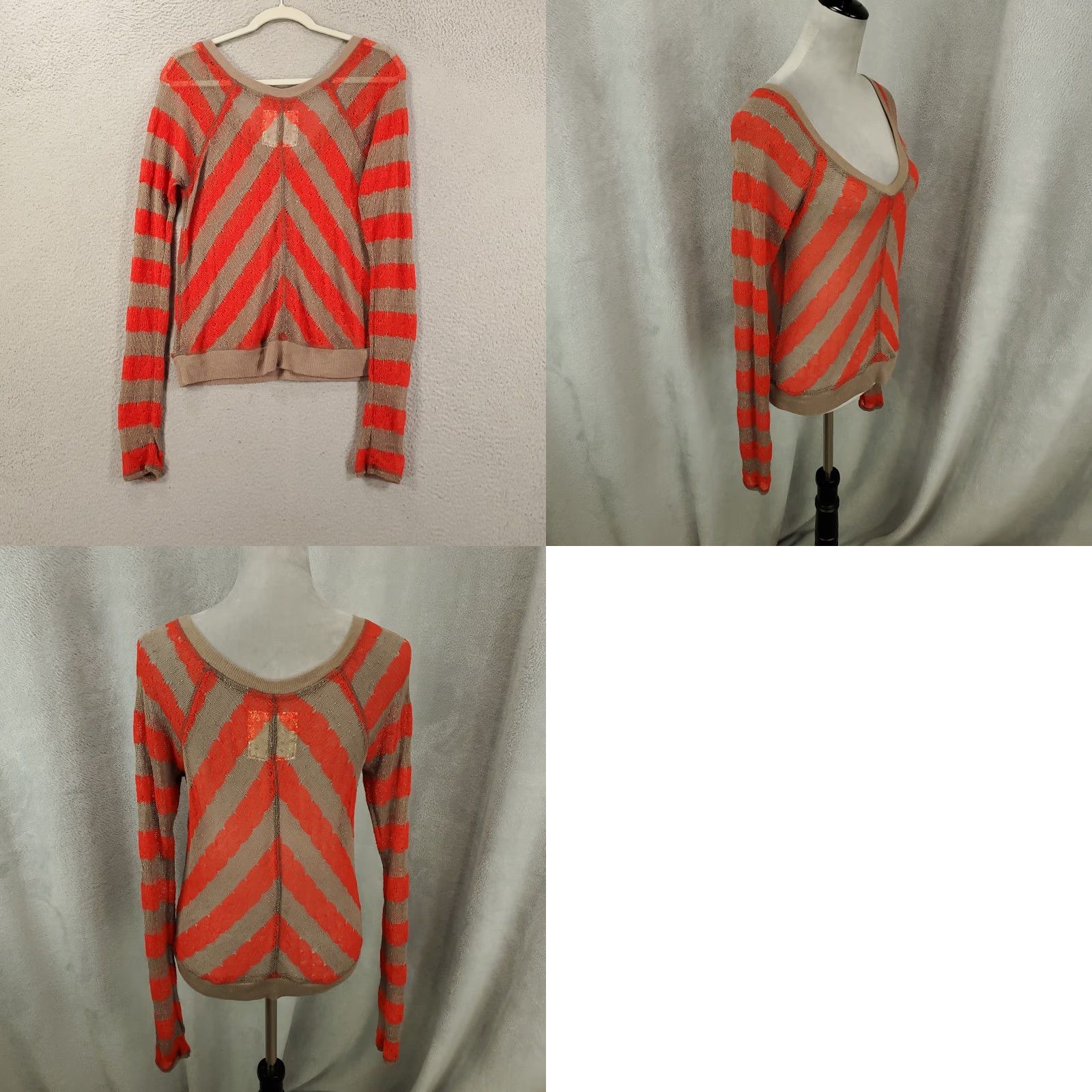 Vintage We The Free Top Womens M Orange Gray Striped Chevron Sheer Sweater Size M / US 6-8 / IT 42-44 - 8 Thumbnail