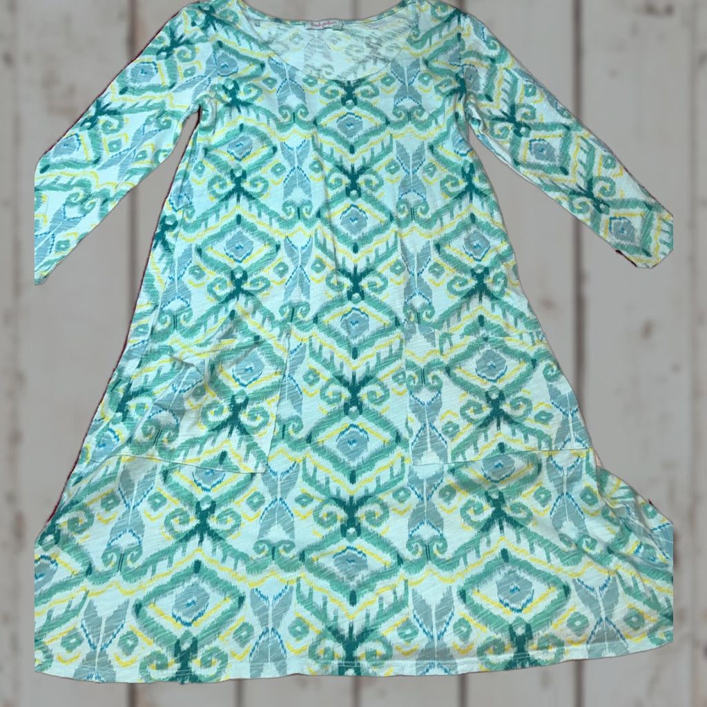 Vintage FRESH PRODUCE Cotton Knit Jersey Dress Aqua Blue Yellow 3/4 Sleeve Pockets A Line XS Pullover Geometric Shirt Dress Women Casual Dress Size XS / US 0-2 / IT 36-38 - 1 Thumbnail