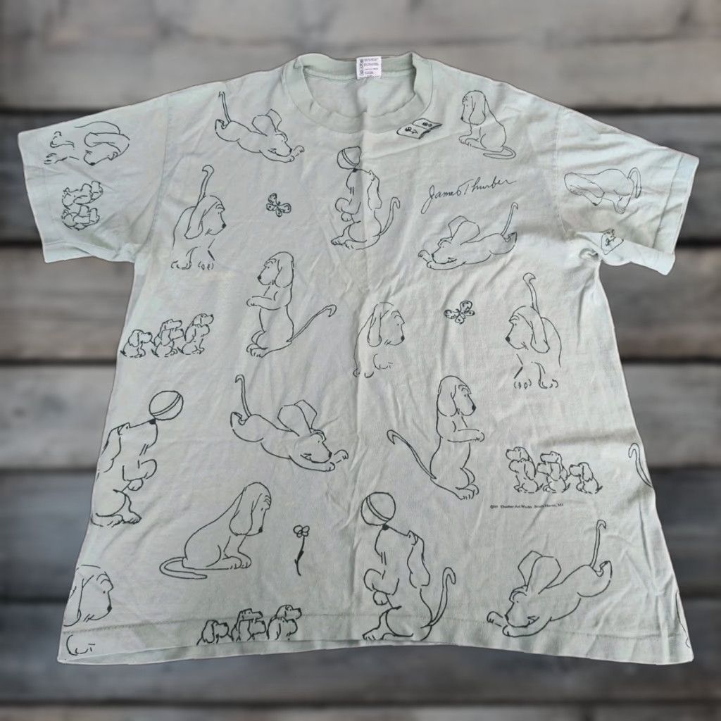 Anvil VINTAGE 90s James Thurber Dog Art Cartoon T-Shirt Mens XL Green All Over Print Cotton Summer Wear Size US XL / EU 56 / 4 - 1 Thumbnail