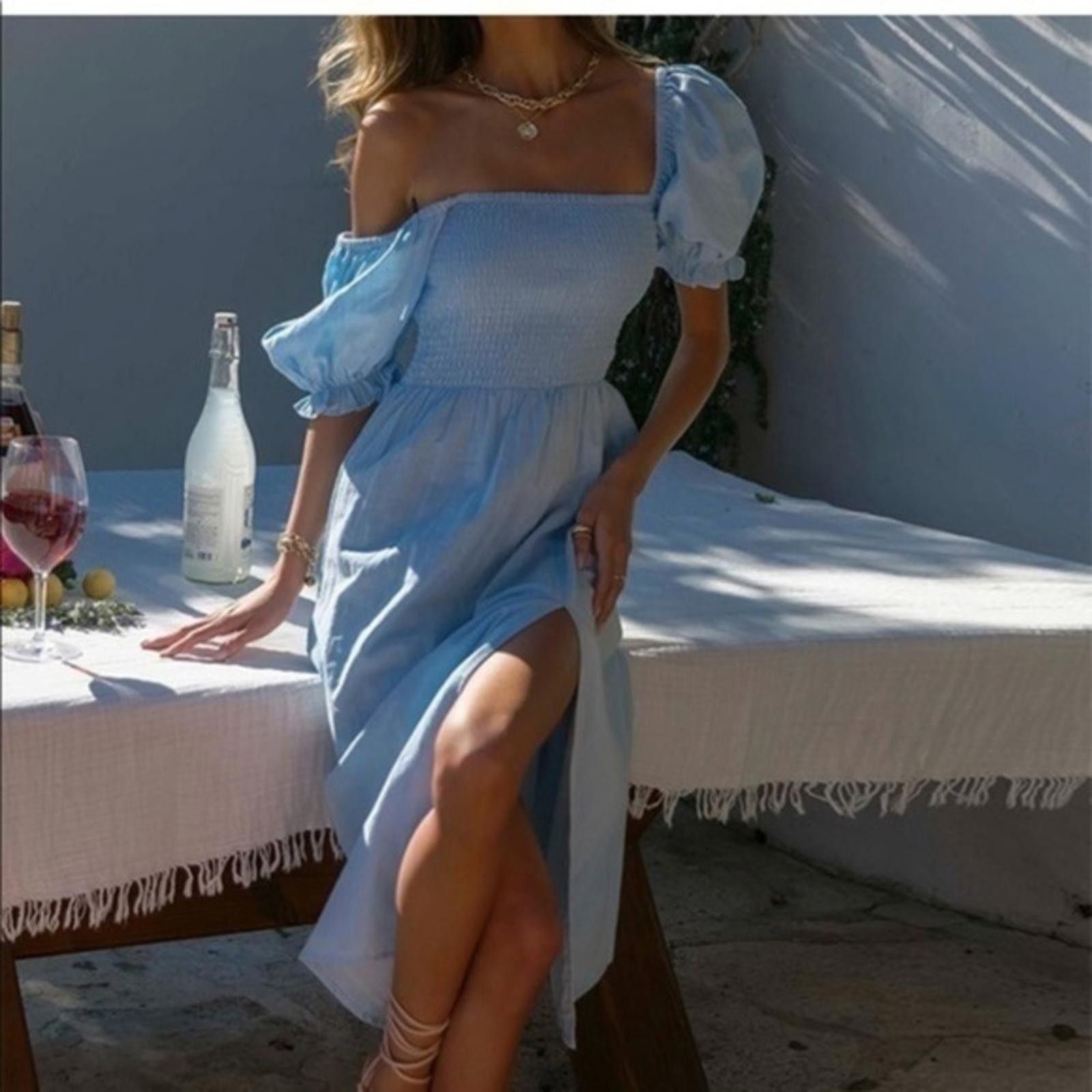 Designer Baby Blue Picnic Dress Off The Shoulder NWT Size S / US 4 / IT 40 - 1 Thumbnail