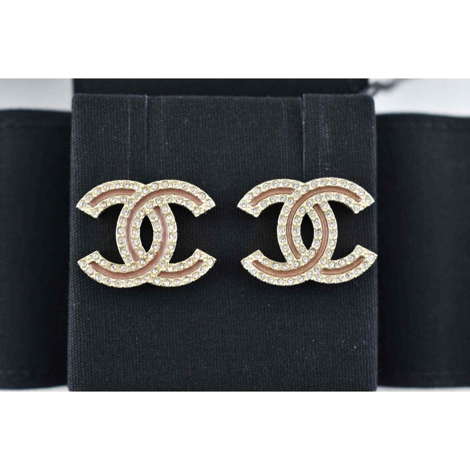 Chanel Chanel Gold Beige Crystal Dangle Statement Stud Earrings Size ONE SIZE - 1 Thumbnail